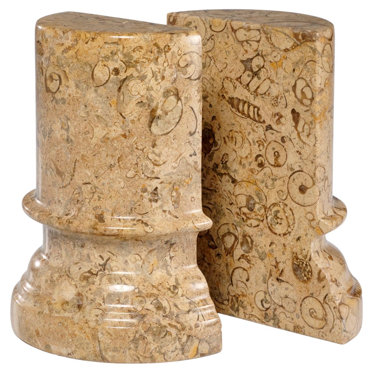 Pair of Carved Fossilized Limestone Bookends with Many Fossils Visible For Sale