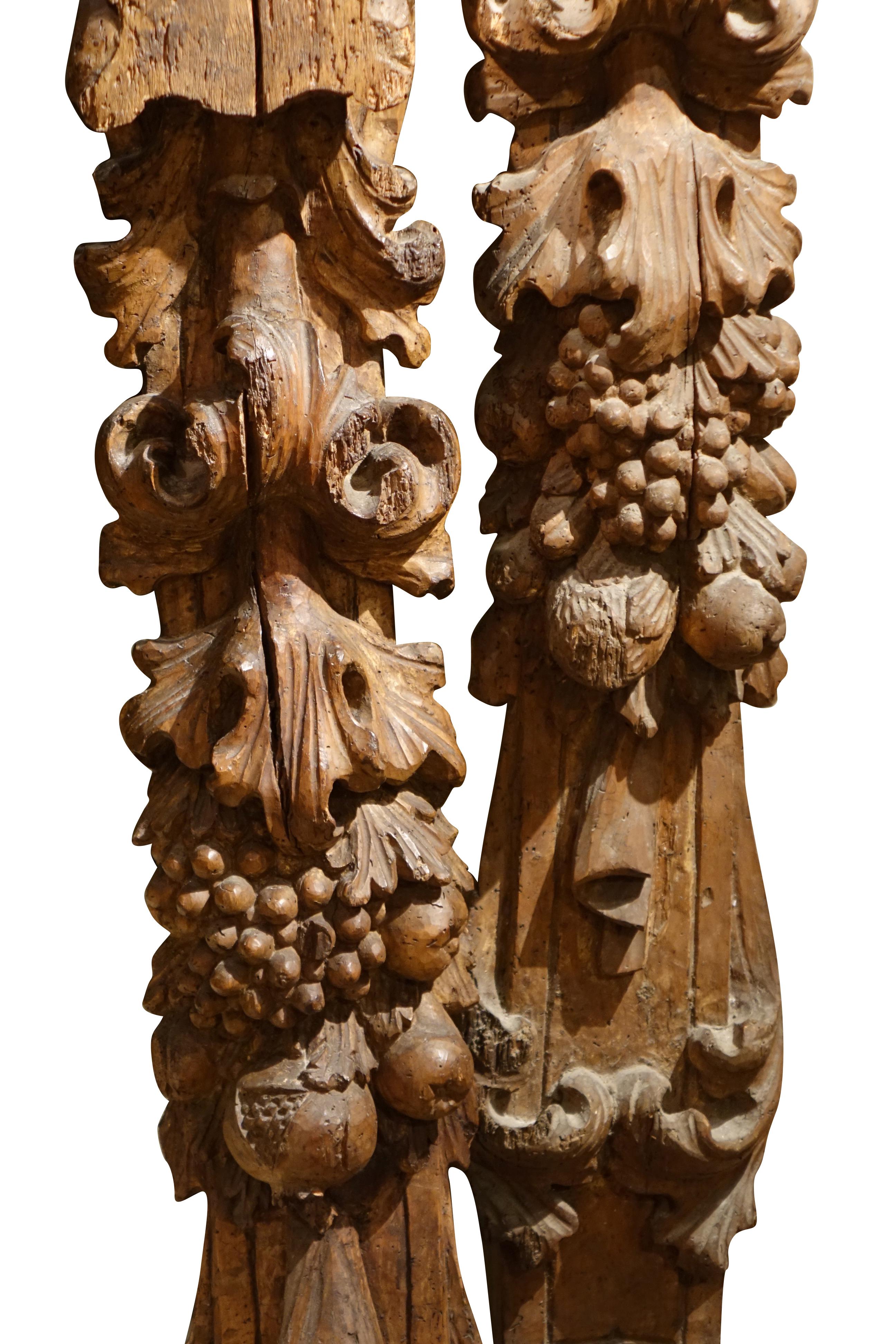 French Pair of Carved Fruitwood Elements, France, 17th Century For Sale