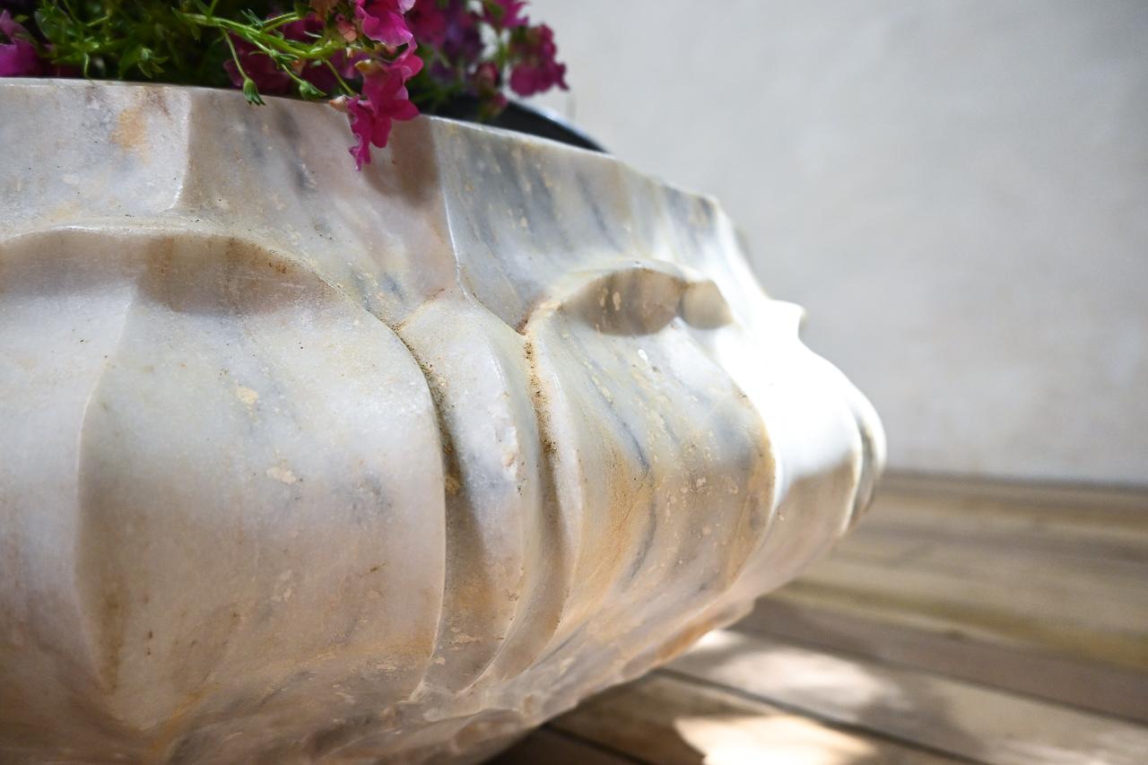 Pair of Carved Lotus Form Marble Jardinieres, Planters For Sale 8