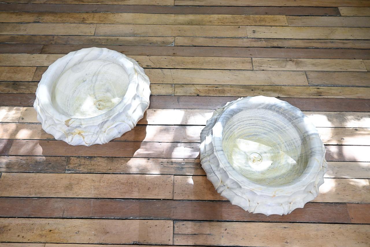 Pair of Carved Lotus Form Marble Jardinieres, Planters For Sale 11