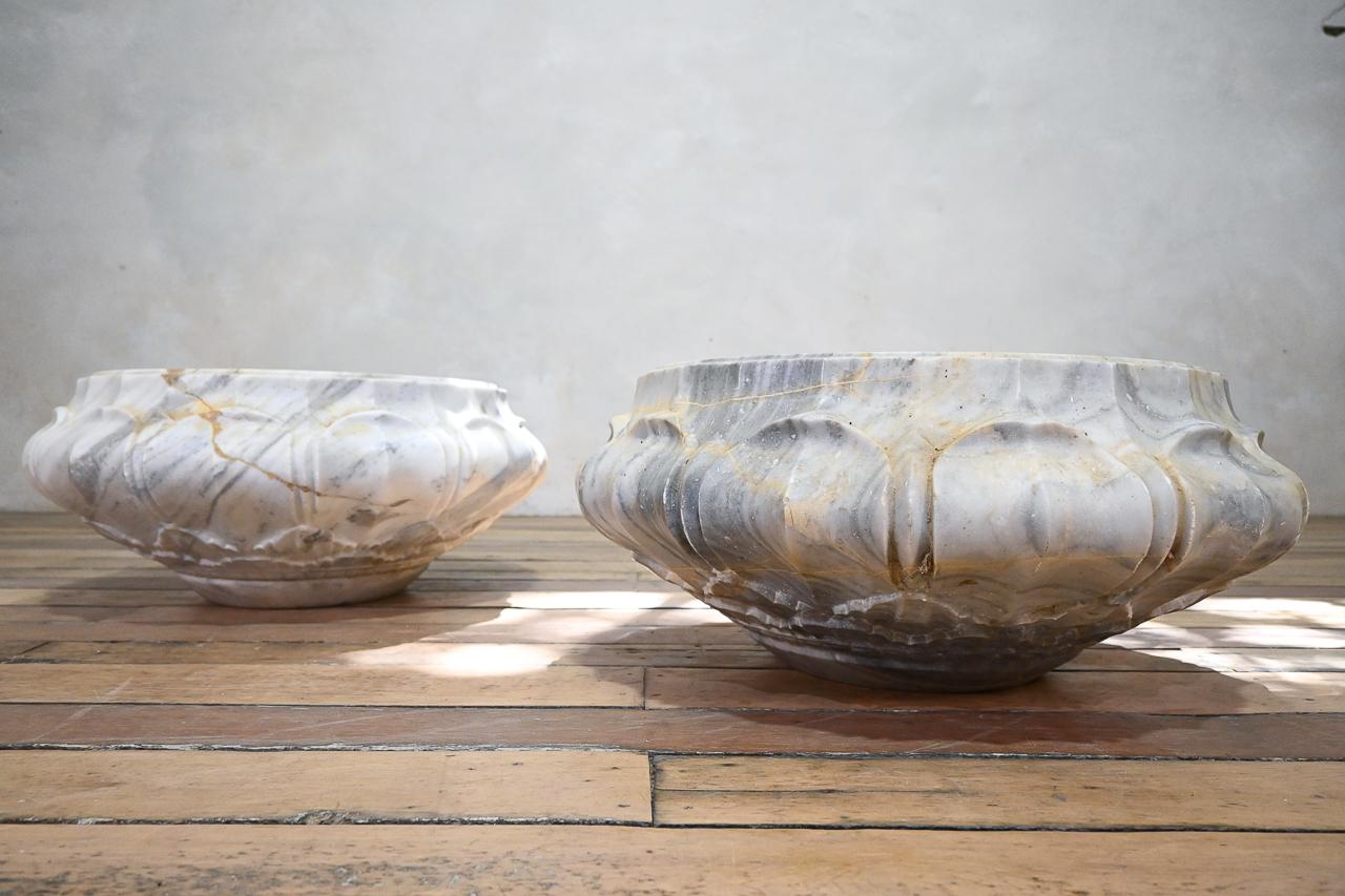 Pair of Carved Lotus Form Marble Jardinieres, Planters For Sale 13