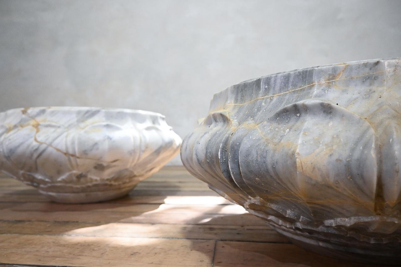 Pair of Carved Lotus Form Marble Jardinieres, Planters For Sale 14