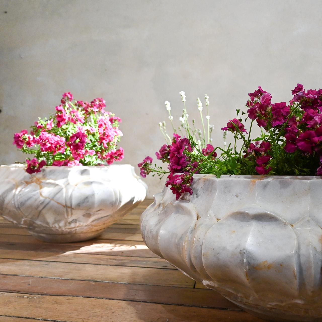 Pair of Carved Lotus Form Marble Jardinieres, Planters For Sale 1
