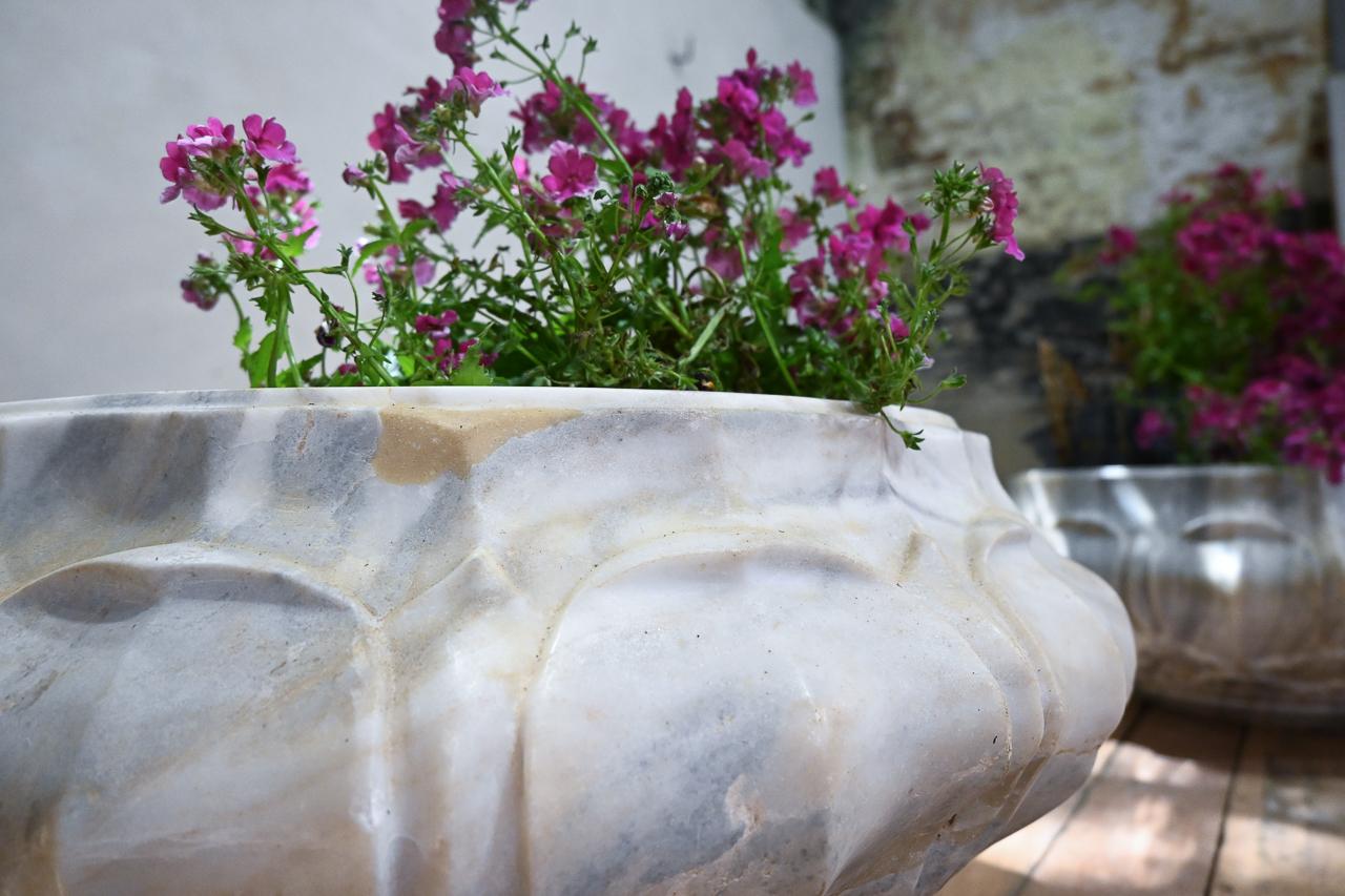 Pair of Carved Lotus Form Marble Jardinieres, Planters For Sale 5