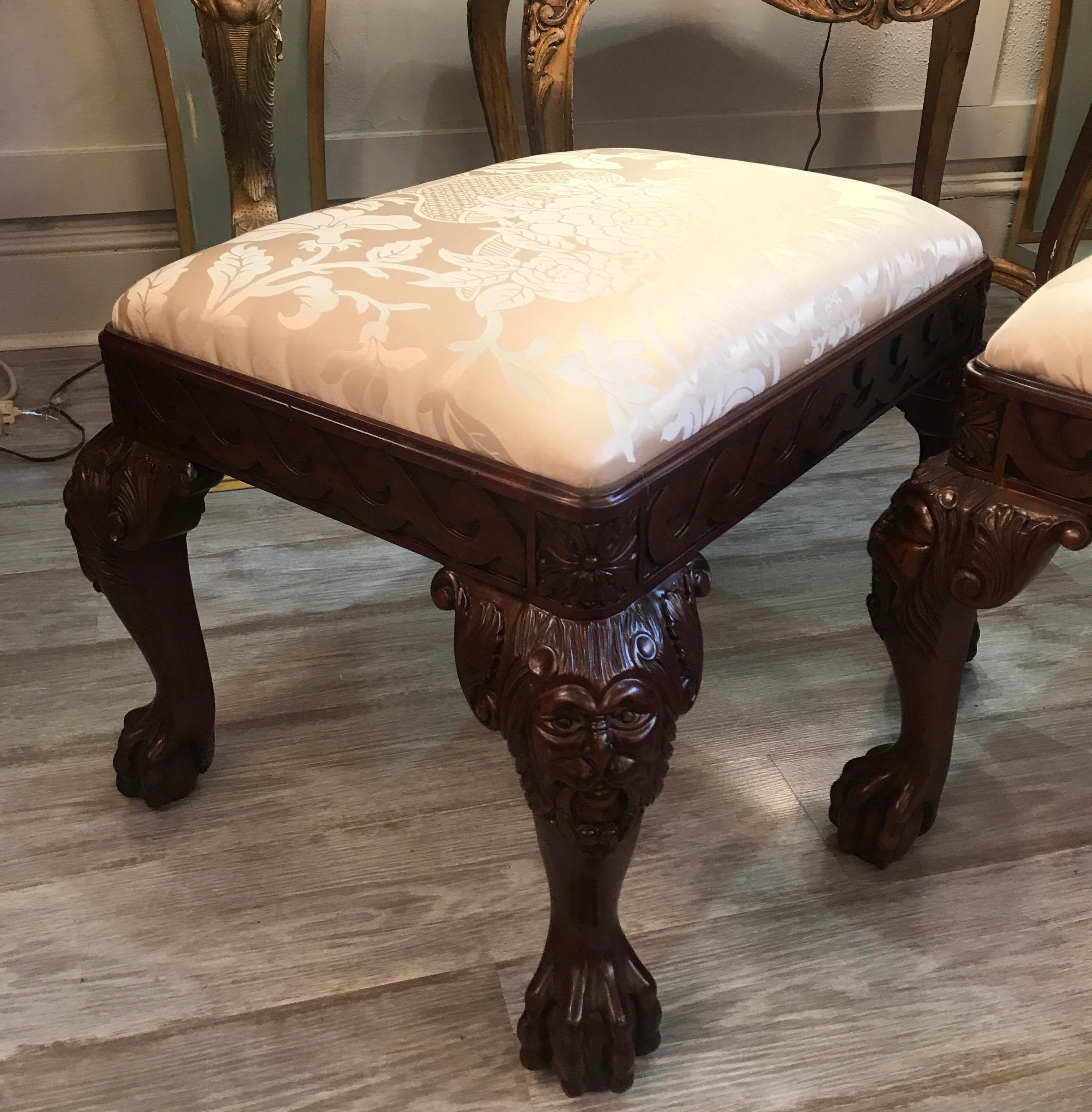 20th Century Pair of Carved Mahogany Chippendale Style Benches
