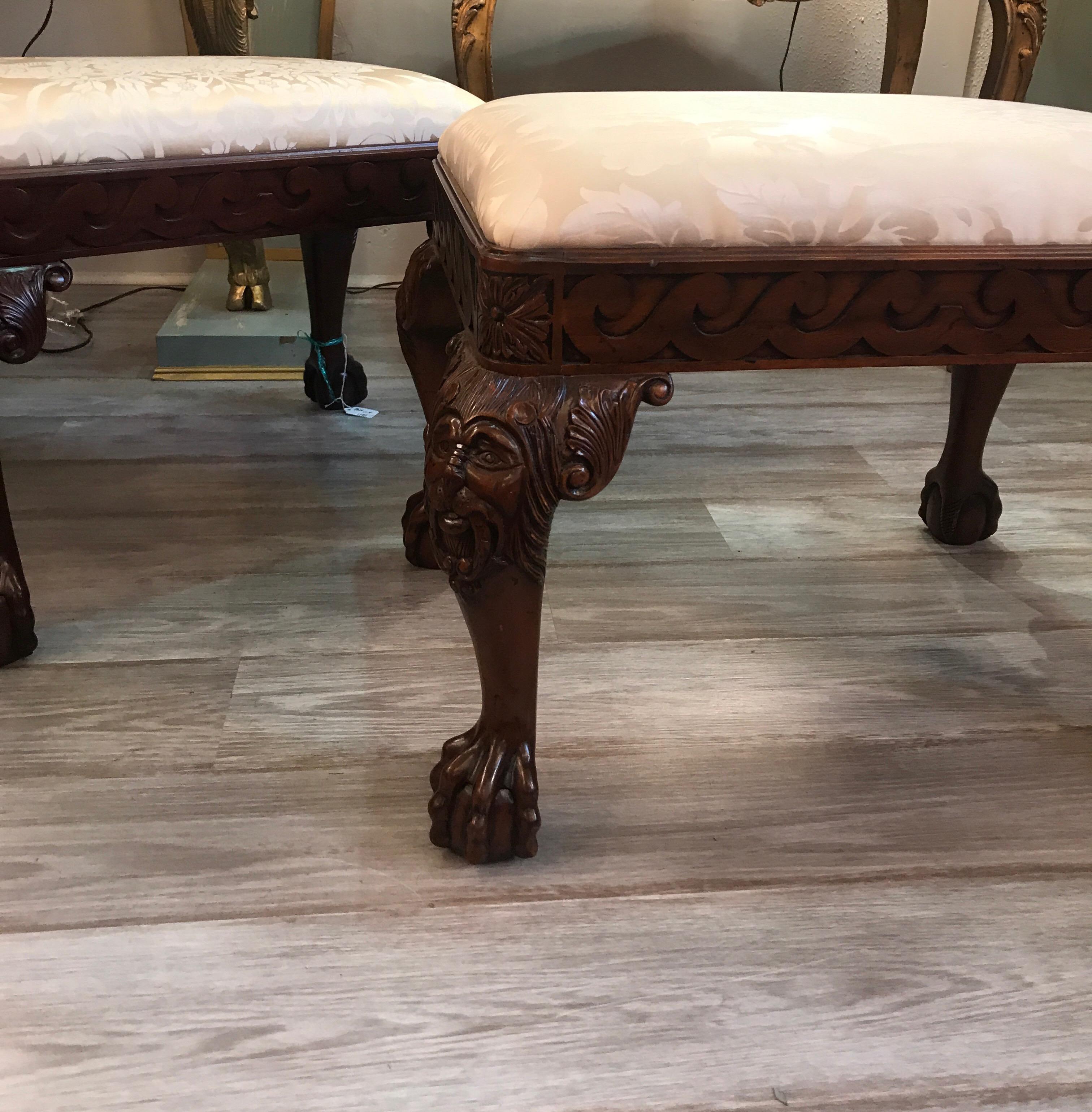 Pair of Carved Mahogany Chippendale Style Benches 1
