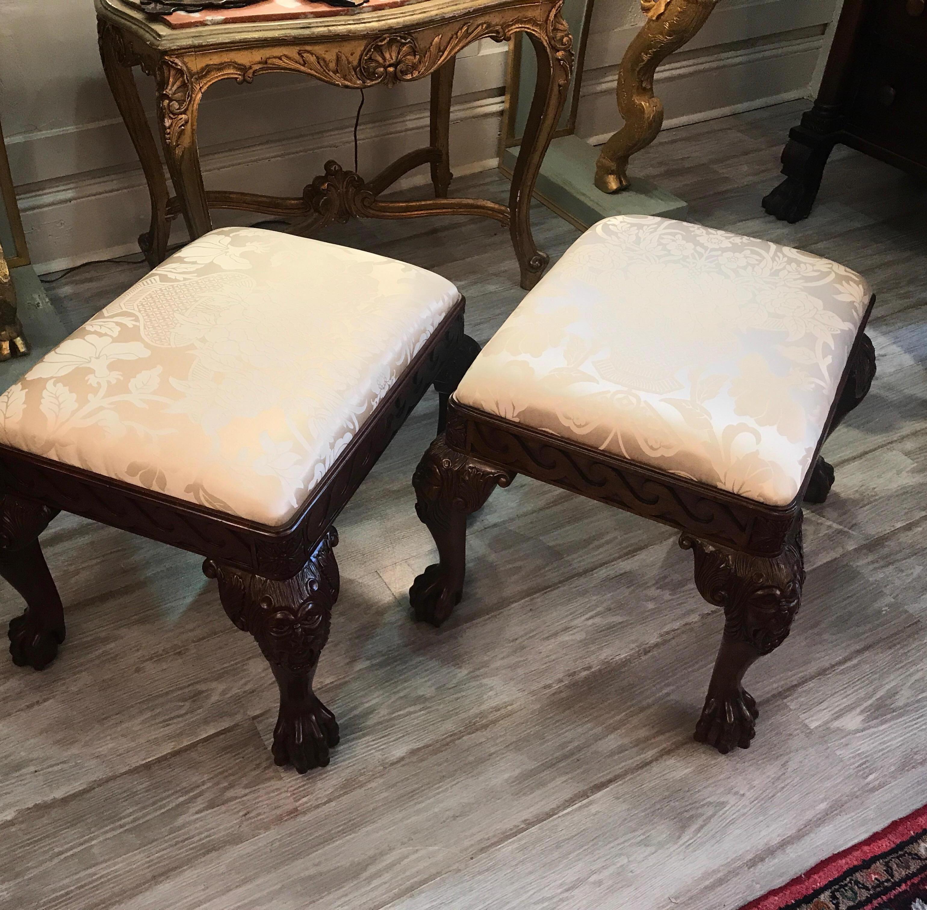 Pair of Carved Mahogany Chippendale Style Benches 2