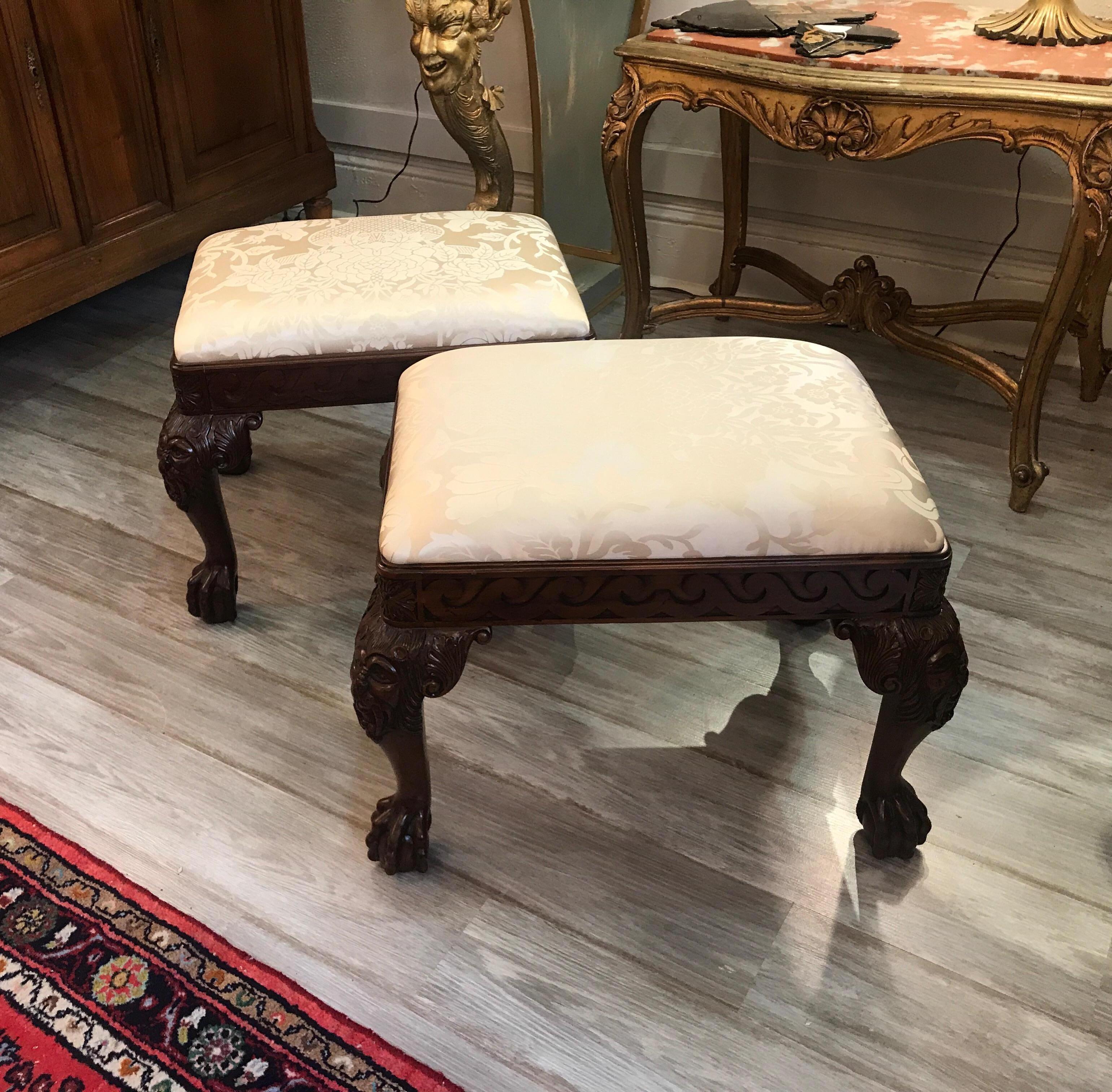 Pair of Carved Mahogany Chippendale Style Benches 3
