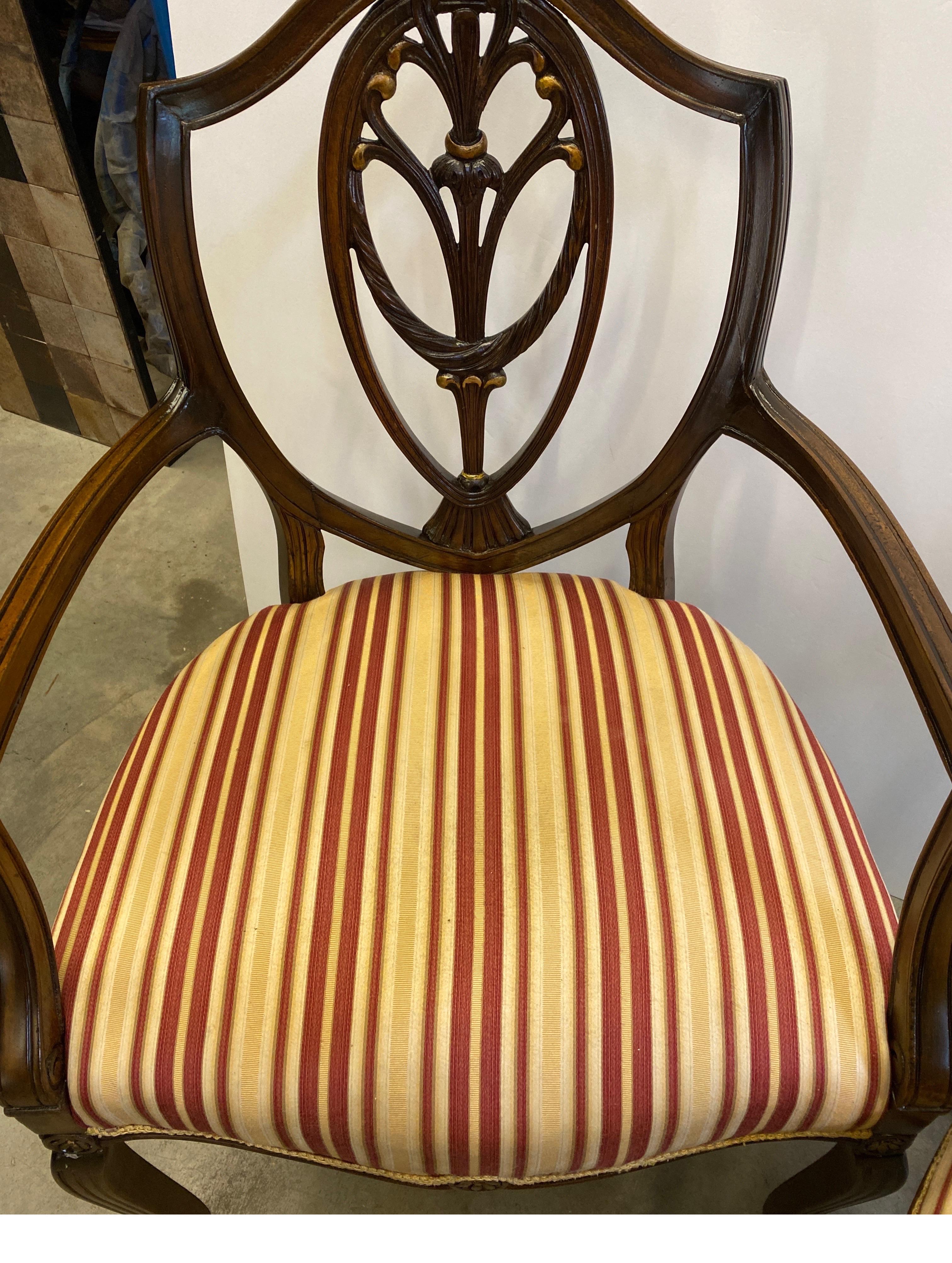 Hand-Carved Pair of Carved Mahogany Hepplewhite Shield Back Armchairs Circa 1900 For Sale