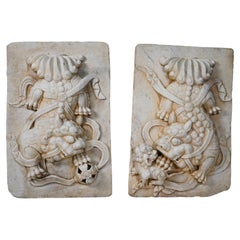 Used Pair of Carved Marble Fu Dog Panels