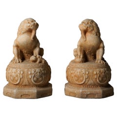 Pair of Carved Marble Fudogs on a Base