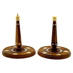 Antique A Pair of Carved Olivewood, Bone and Mother of Pearl Atzei Chaim Jerusalem 1913
