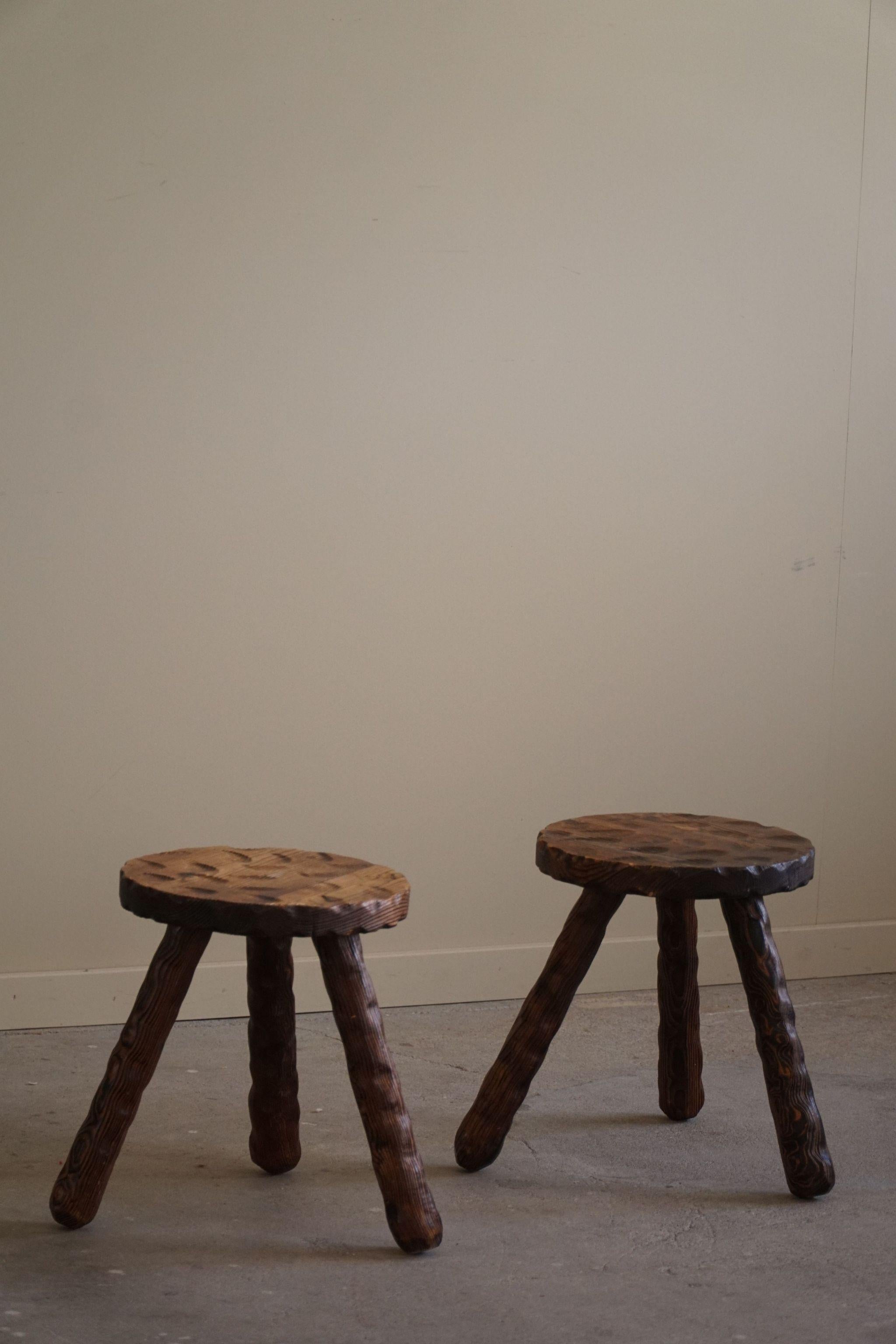 A Pair of Carved Wabi Sabi Stools in Pine, Swedish Mid Century Modern, 1960s For Sale 5