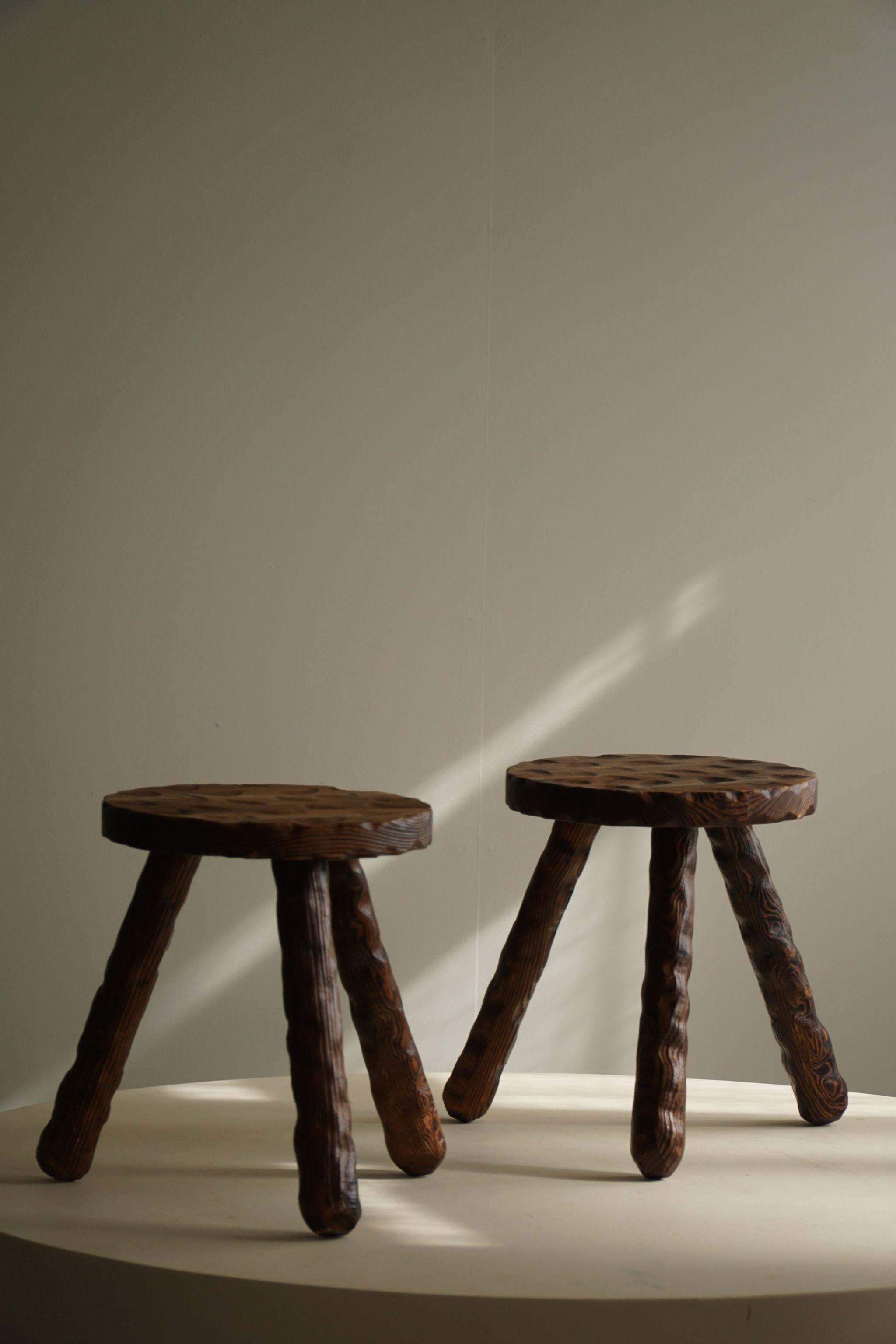 A Pair of Carved Wabi Sabi Stools in Pine, Swedish Mid Century Modern, 1960s For Sale 10