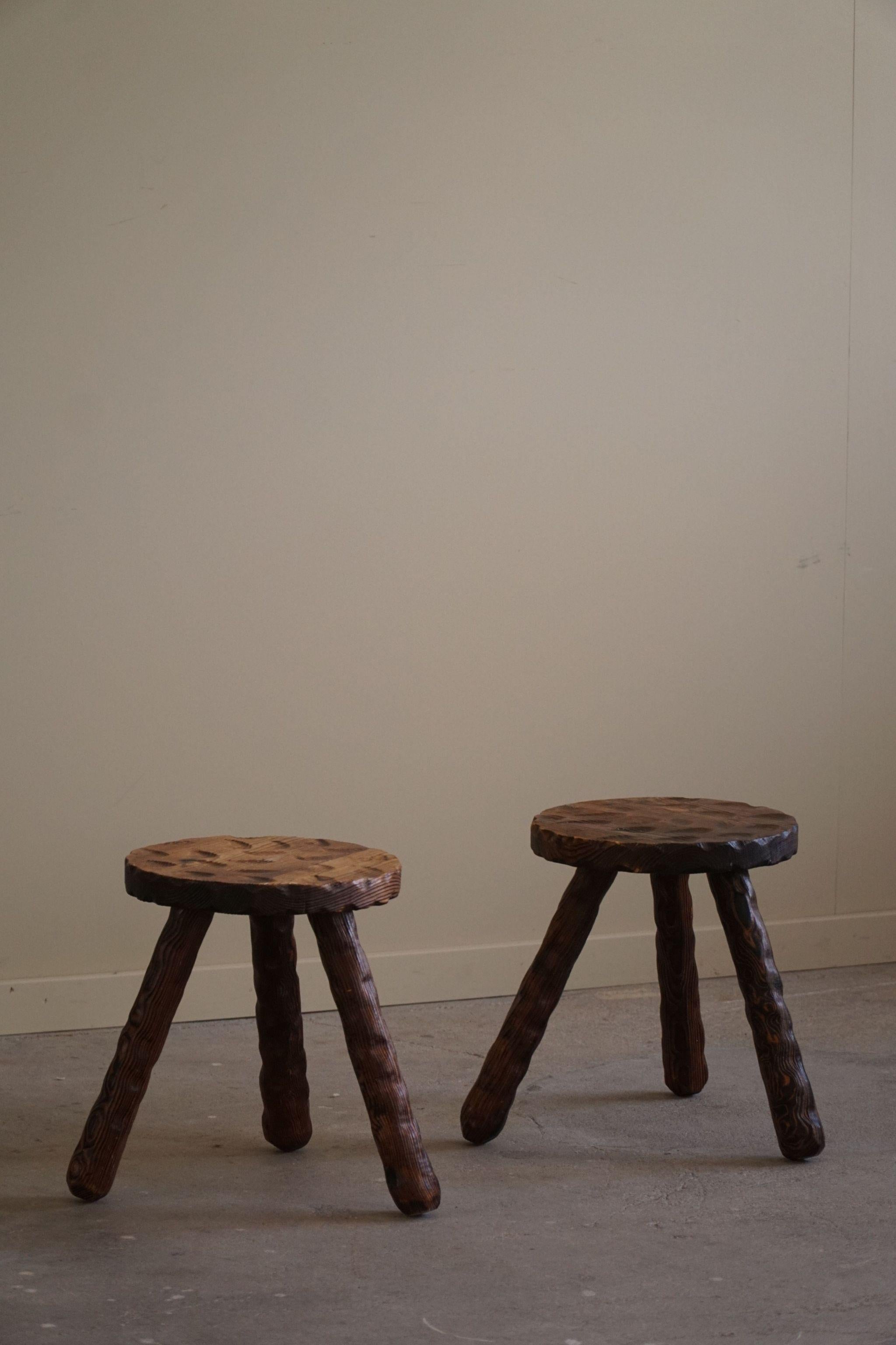Organic Modern A Pair of Carved Wabi Sabi Stools in Pine, Swedish Mid Century Modern, 1960s For Sale