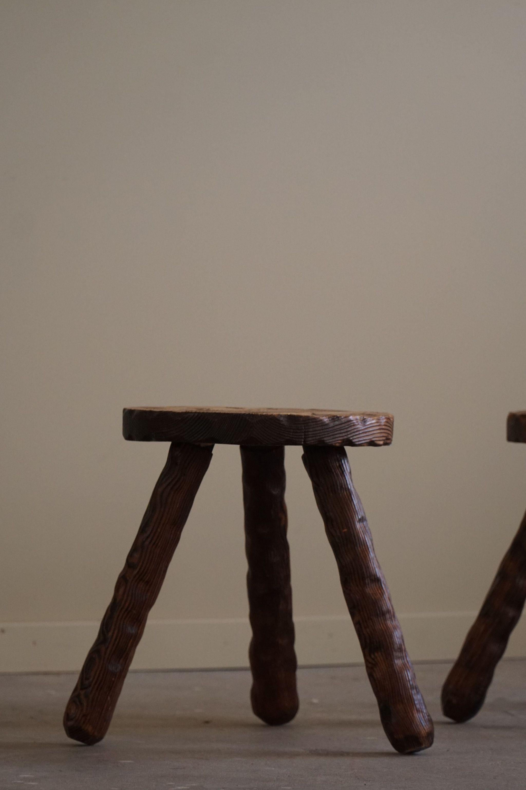 A Pair of Carved Wabi Sabi Stools in Pine, Swedish Mid Century Modern, 1960s For Sale 3