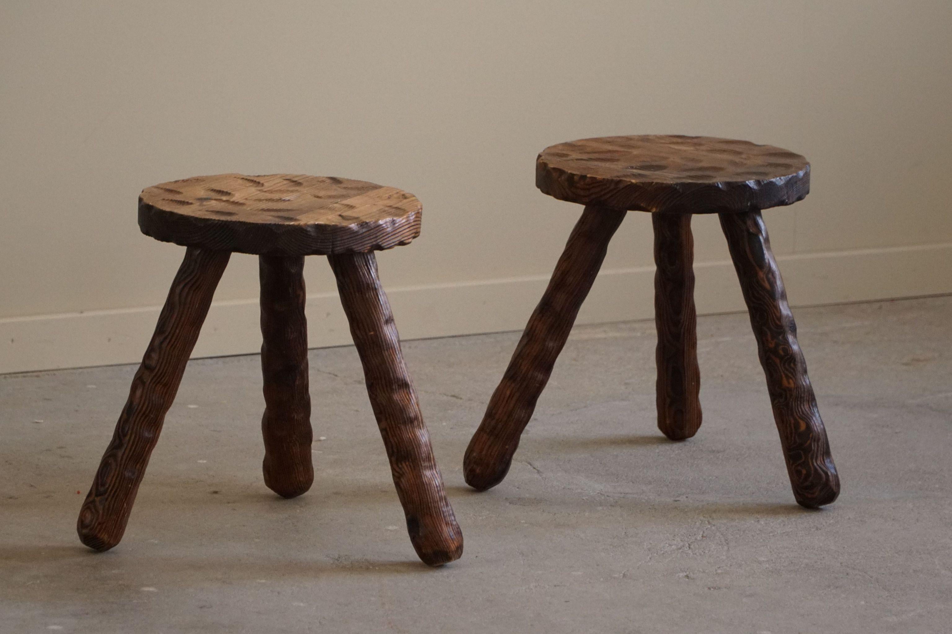 A Pair of Carved Wabi Sabi Stools in Pine, Swedish Mid Century Modern, 1960s For Sale 4
