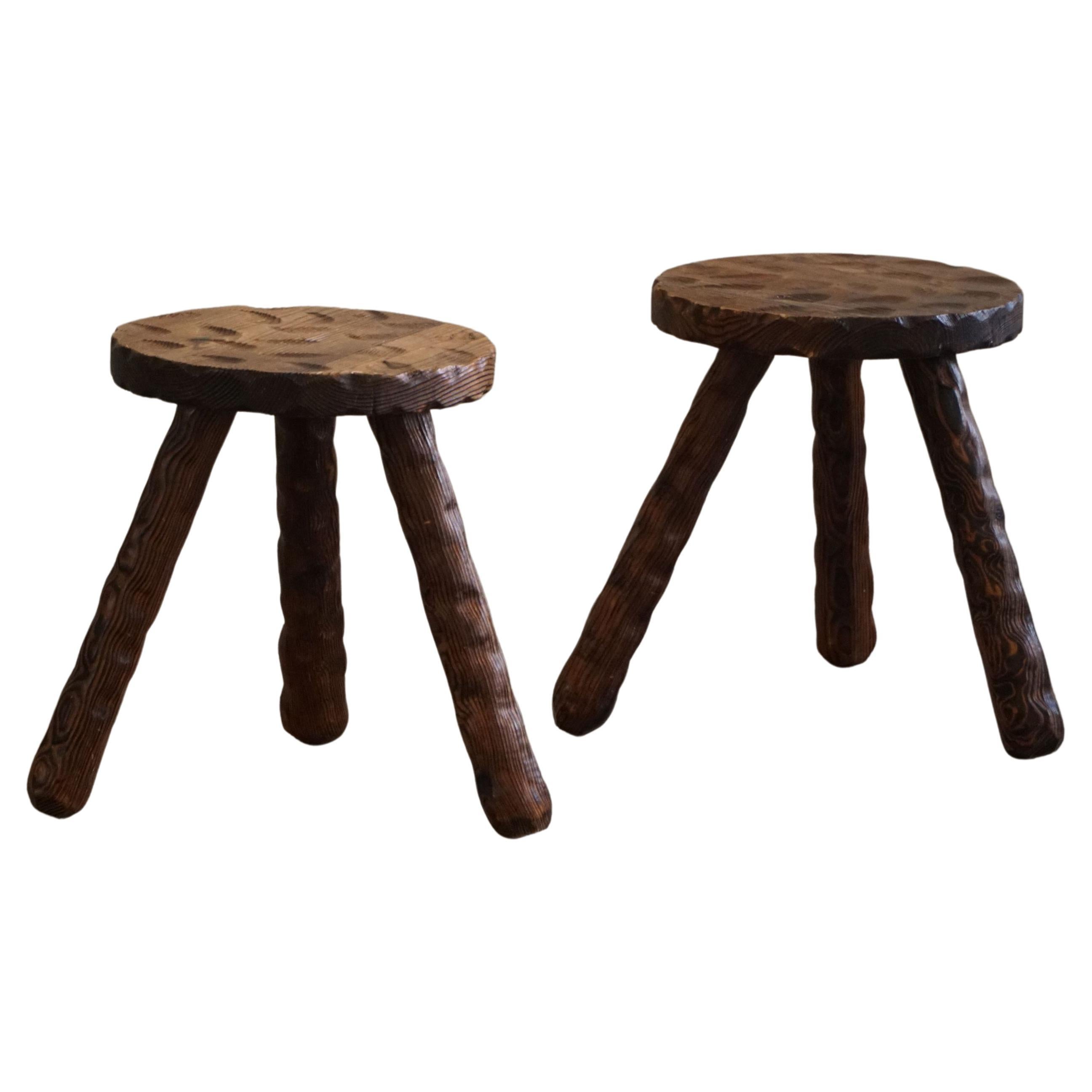 A Pair of Carved Wabi Sabi Stools in Pine, Swedish Mid Century Modern, 1960s For Sale