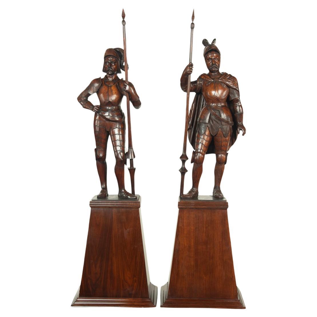 A pair of carved walnut mediaeval knights For Sale