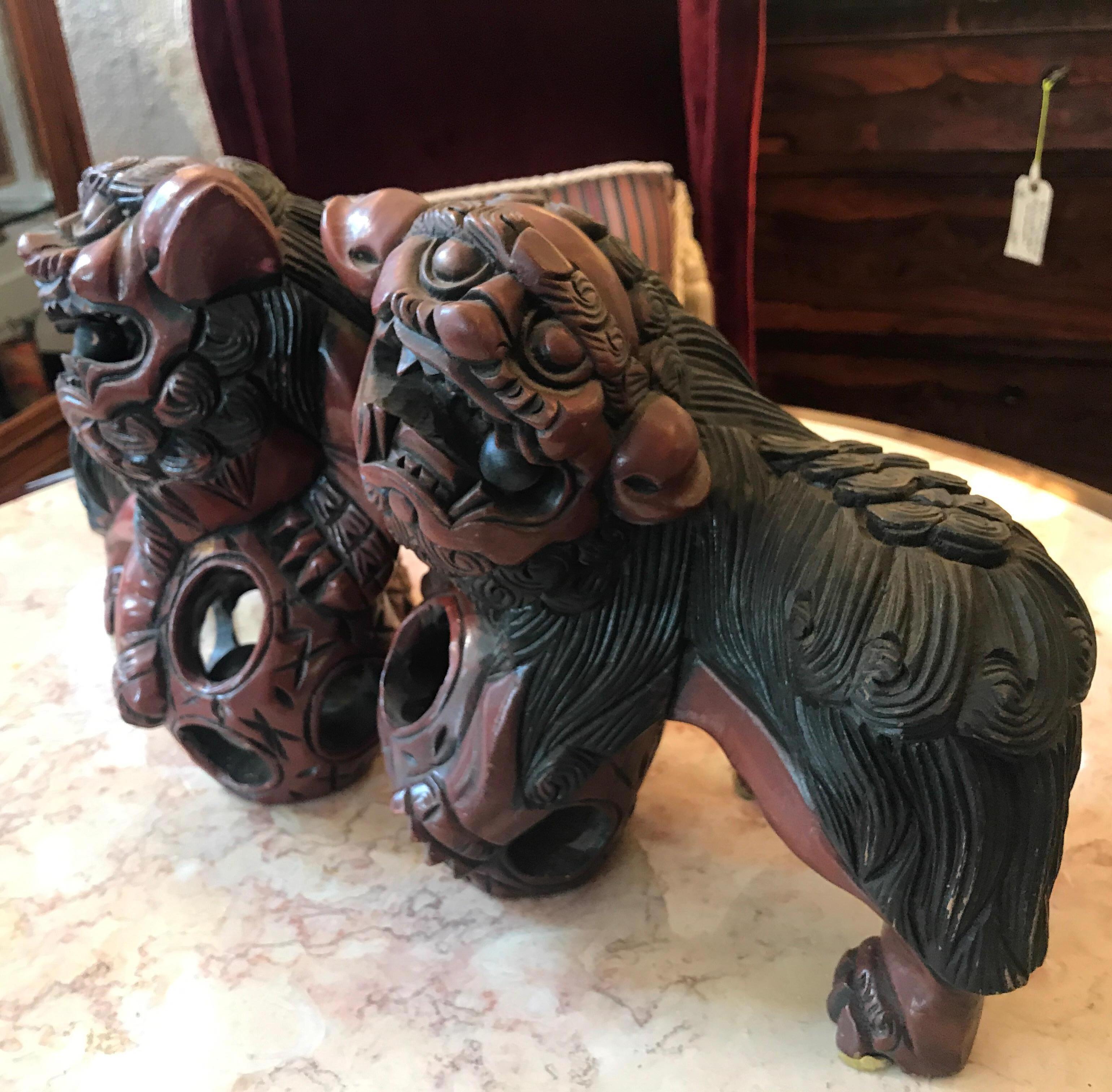 Pair of Carved Wood and Lacquered Foo Dogs In Good Condition In Lambertville, NJ