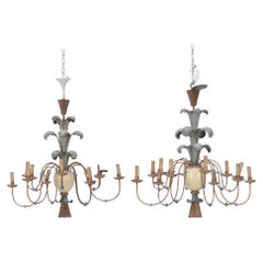 Pair of Carved Wood and Painted Metal Chandeliers, circa 1960