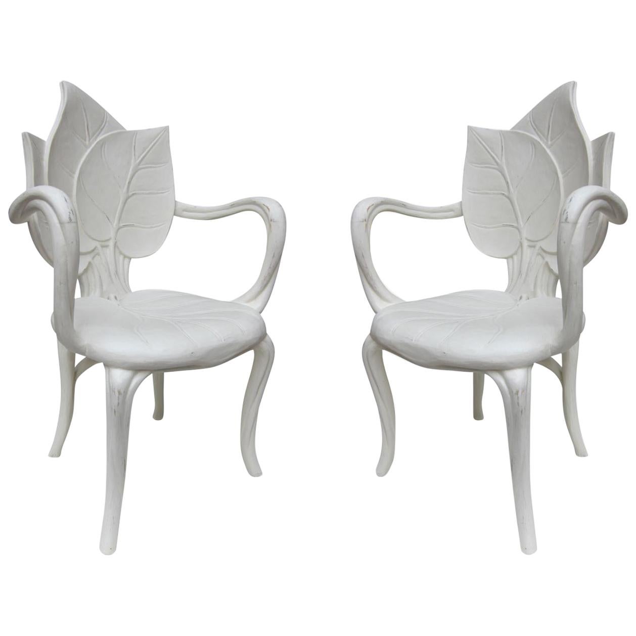 Pair of Carved Wood Palm Leaf Chairs Attributed to David Barrett, USA 1960 For Sale