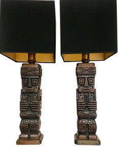 Pair of Carved Wooden Tiki Lamps
