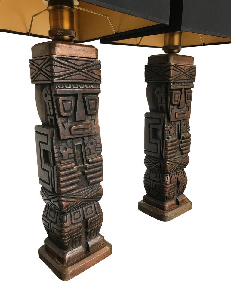 Pair of Carved Wooden Tiki Lamps For Sale at 1stDibs
