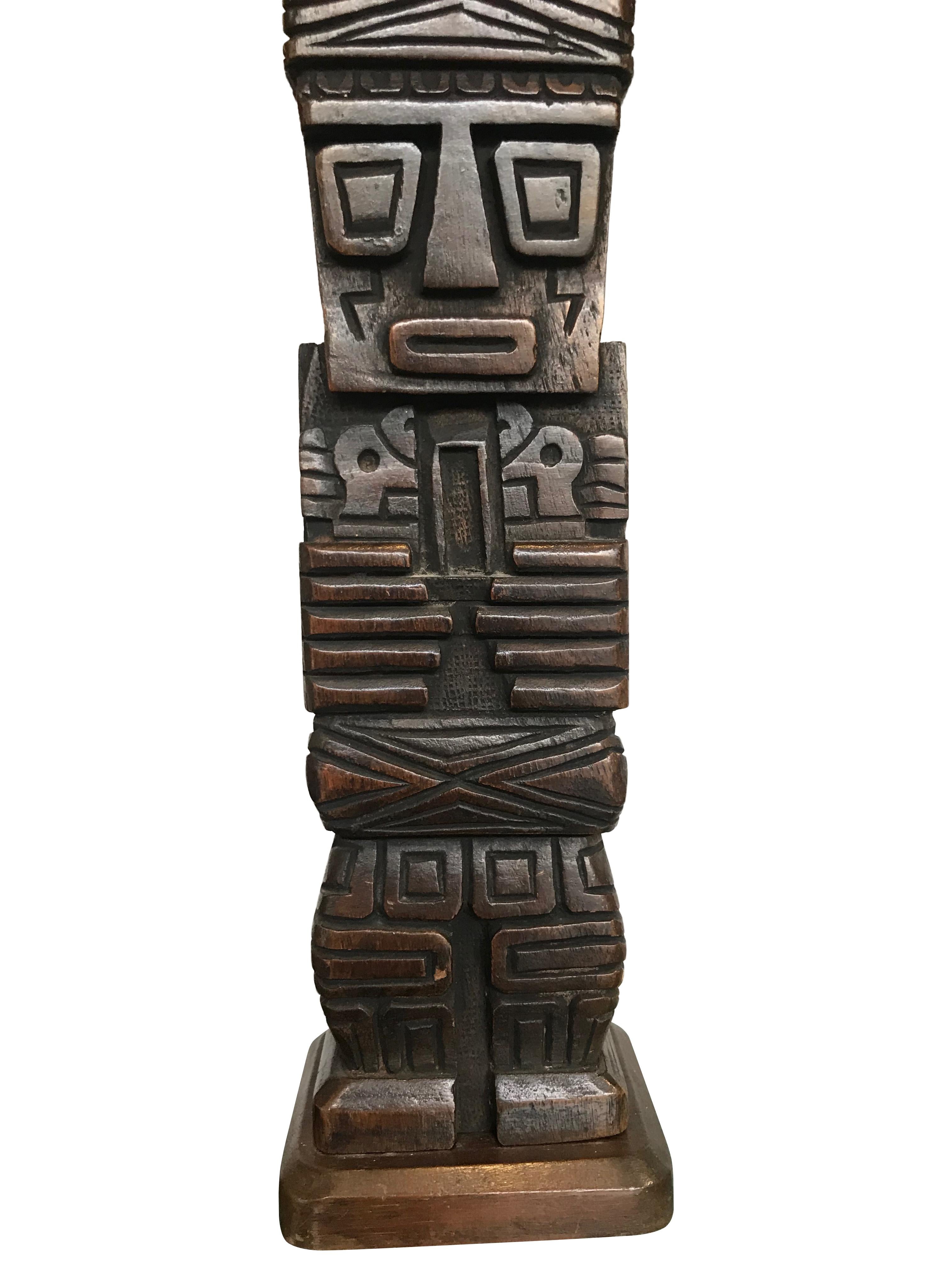 Mid-Century Modern Pair of Carved Wooden Tiki Lamps