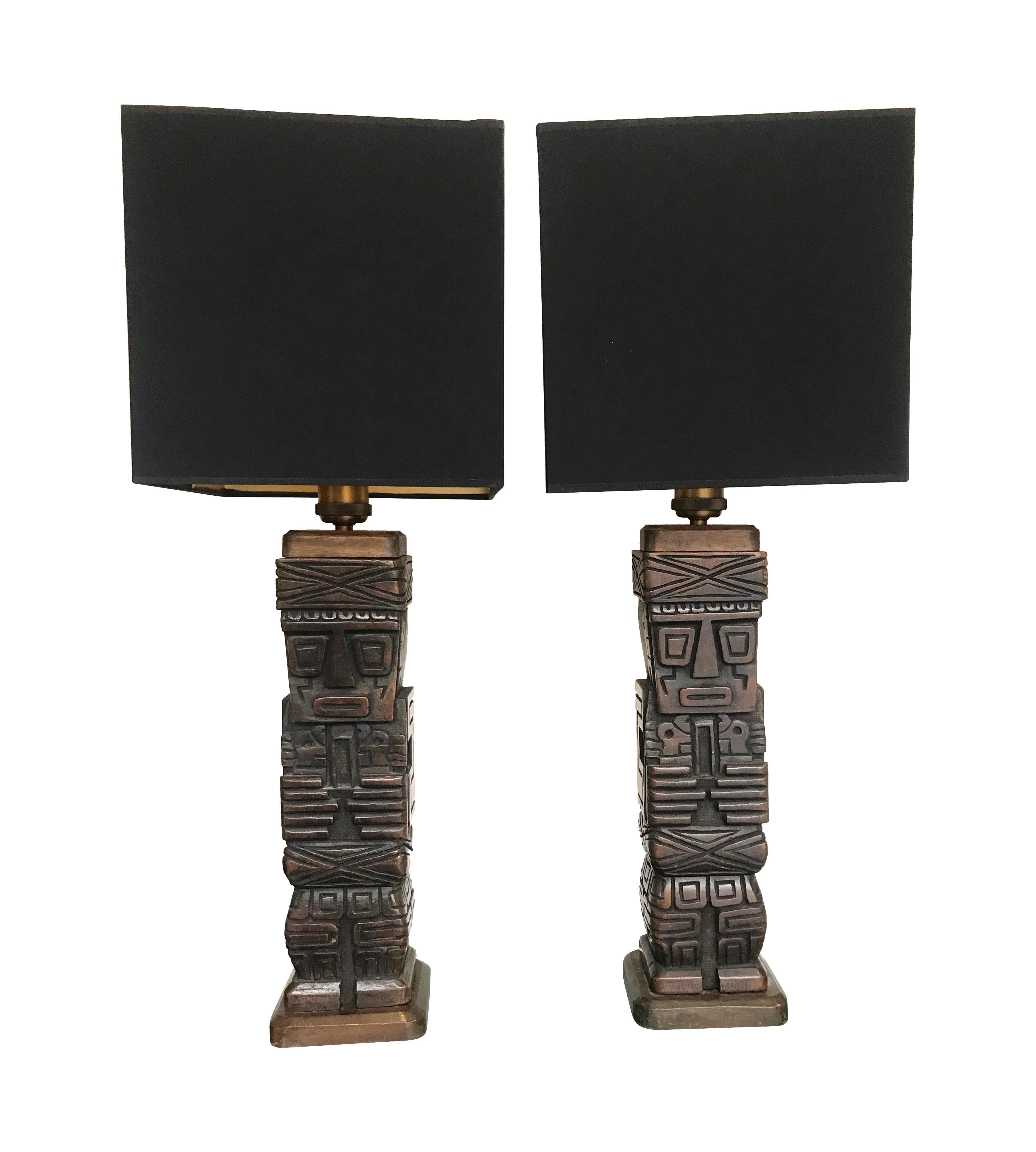 American Pair of Carved Wooden Tiki Lamps