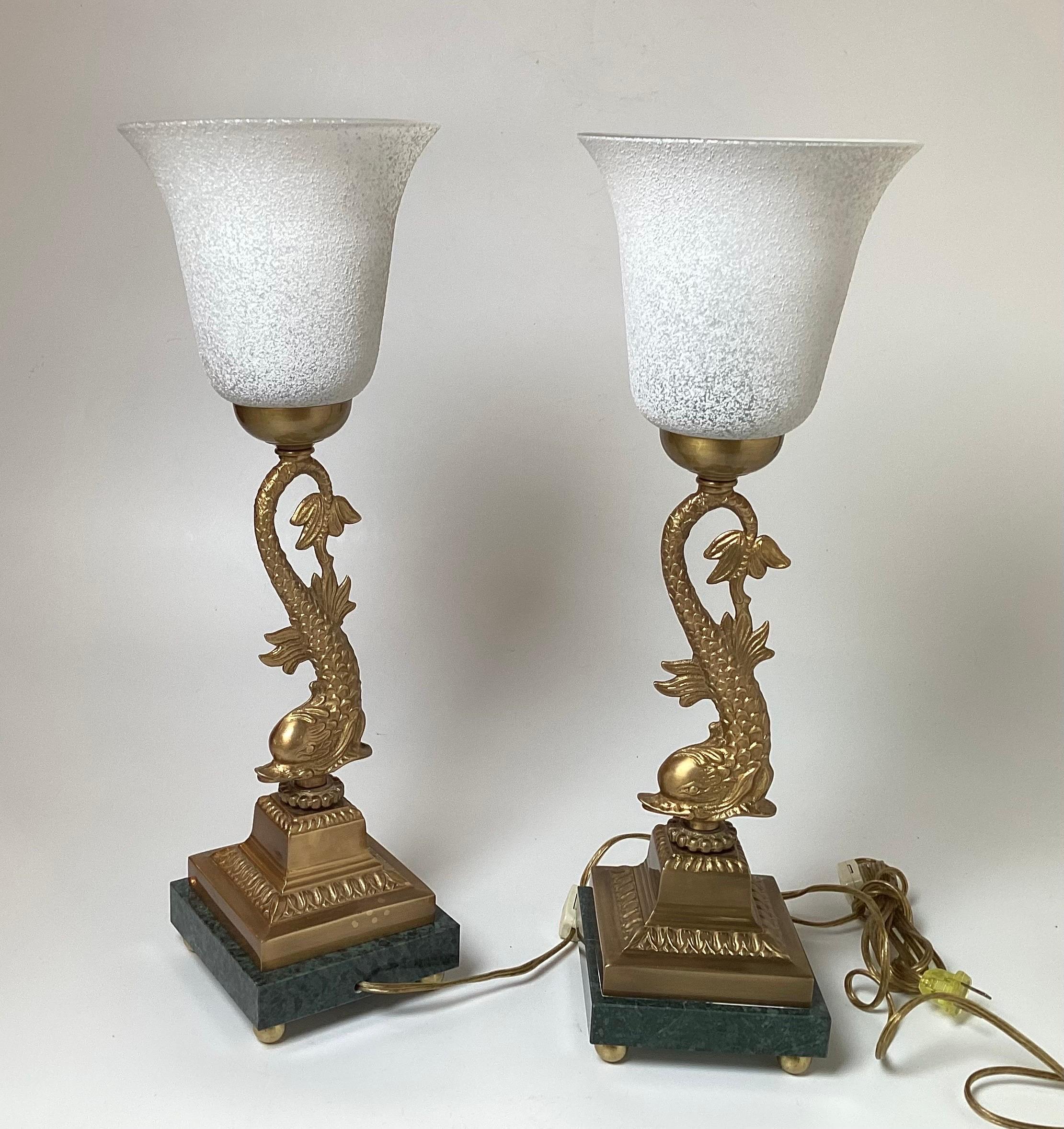 Neoclassical Pair of Cast Brass Dolphin Motif Buffet Lamps For Sale