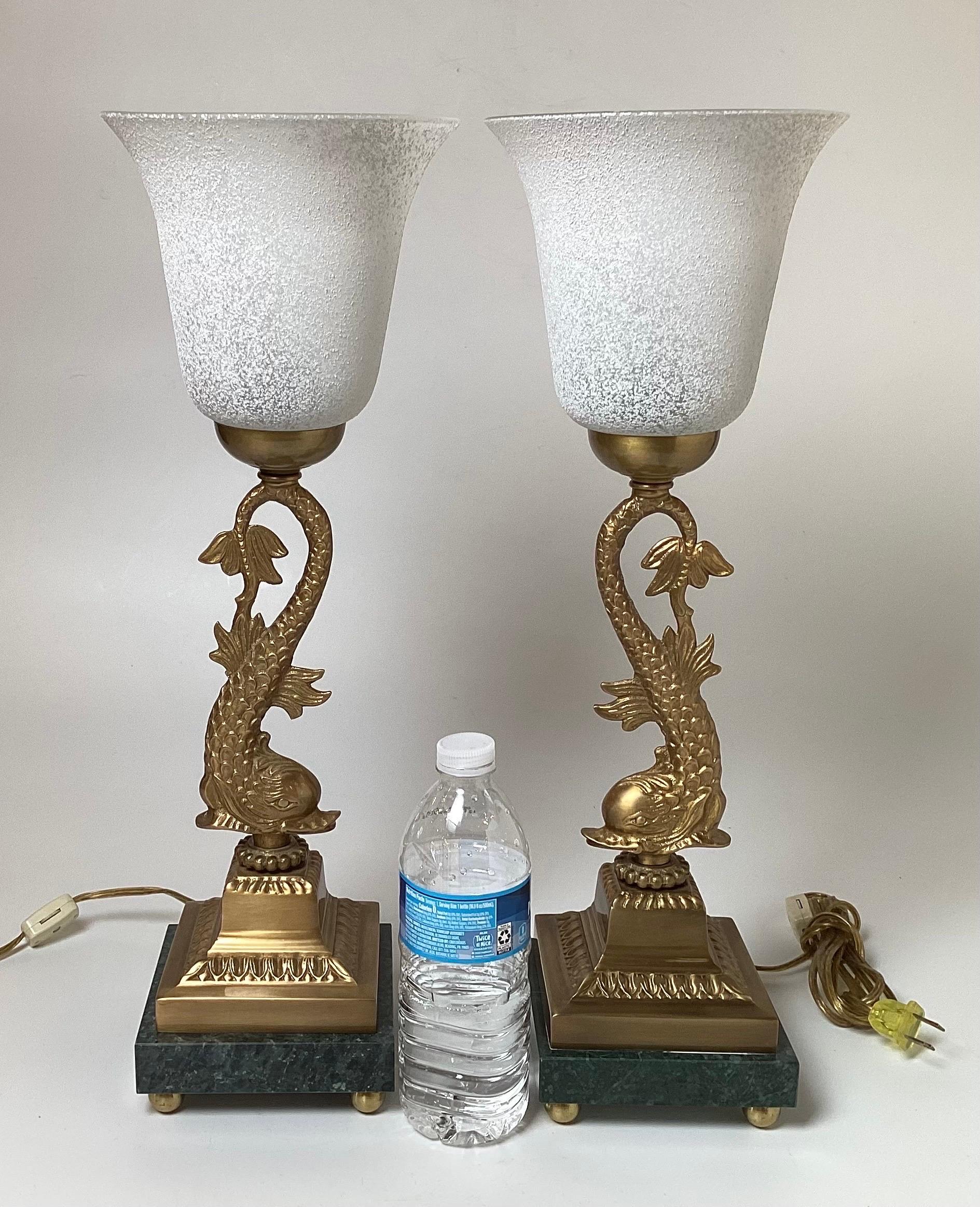 Pair of Cast Brass Dolphin Motif Buffet Lamps For Sale 1