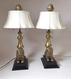 Pair of Cast Brass Lion Motif Table Lamps W/ Scalloped Silk Shades, Acorn Finial