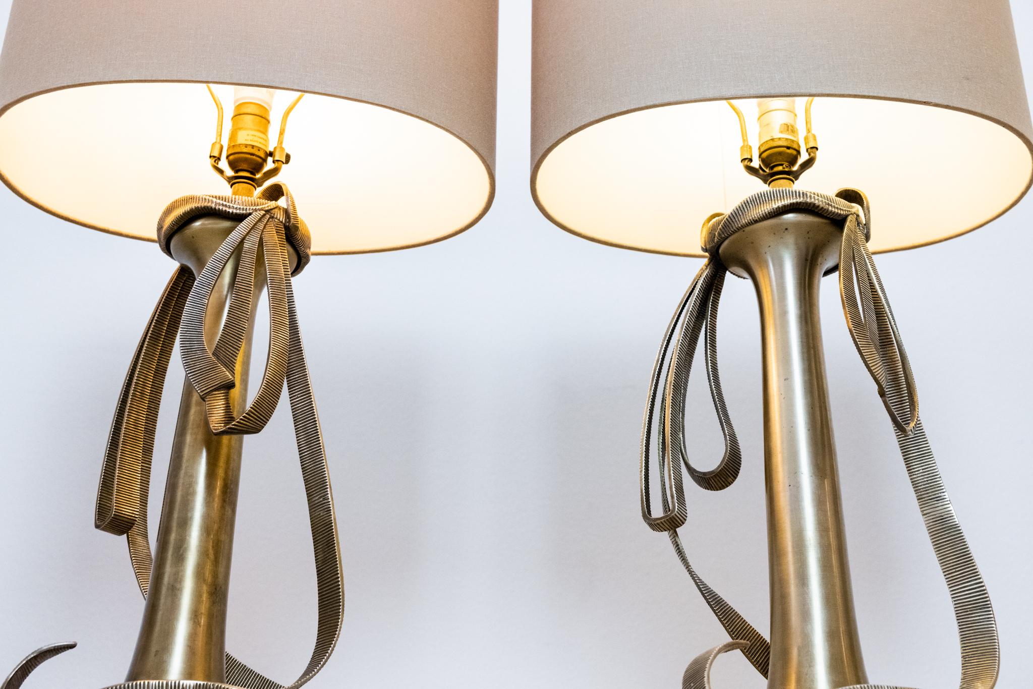 Romantic Pair of Cast Brass Ribbon Lamps by Chapman