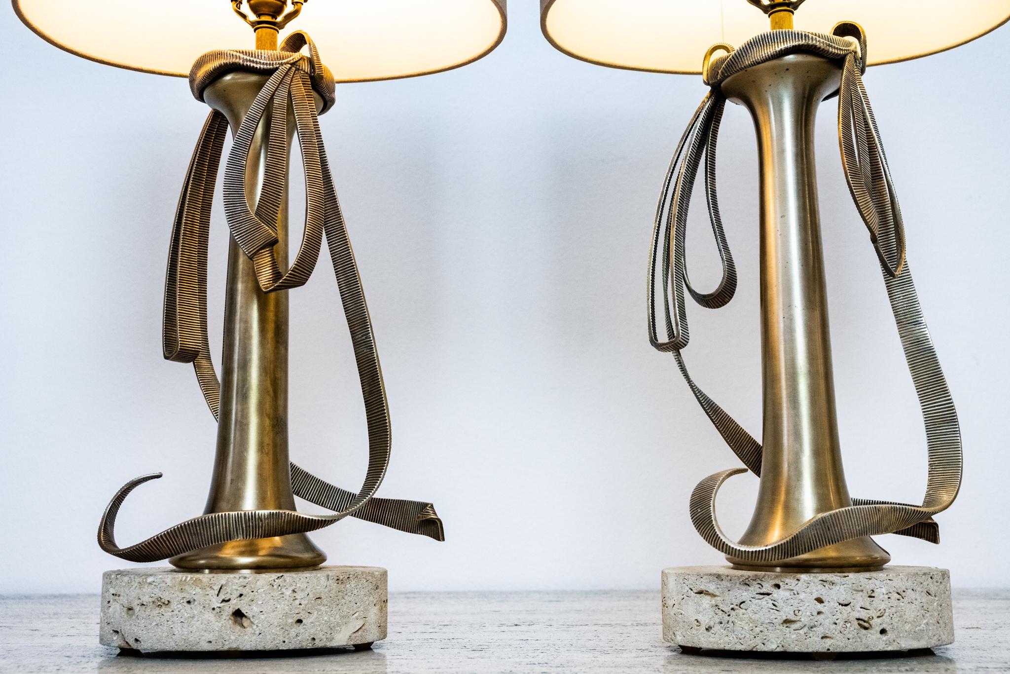 Polished Pair of Cast Brass Ribbon Lamps by Chapman