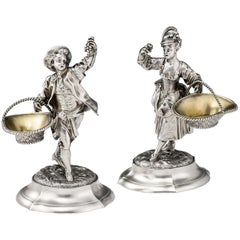 Pair of Cast Figural Pedlar Salt Cellars, London, 1892, A Benson & H.G. Webb