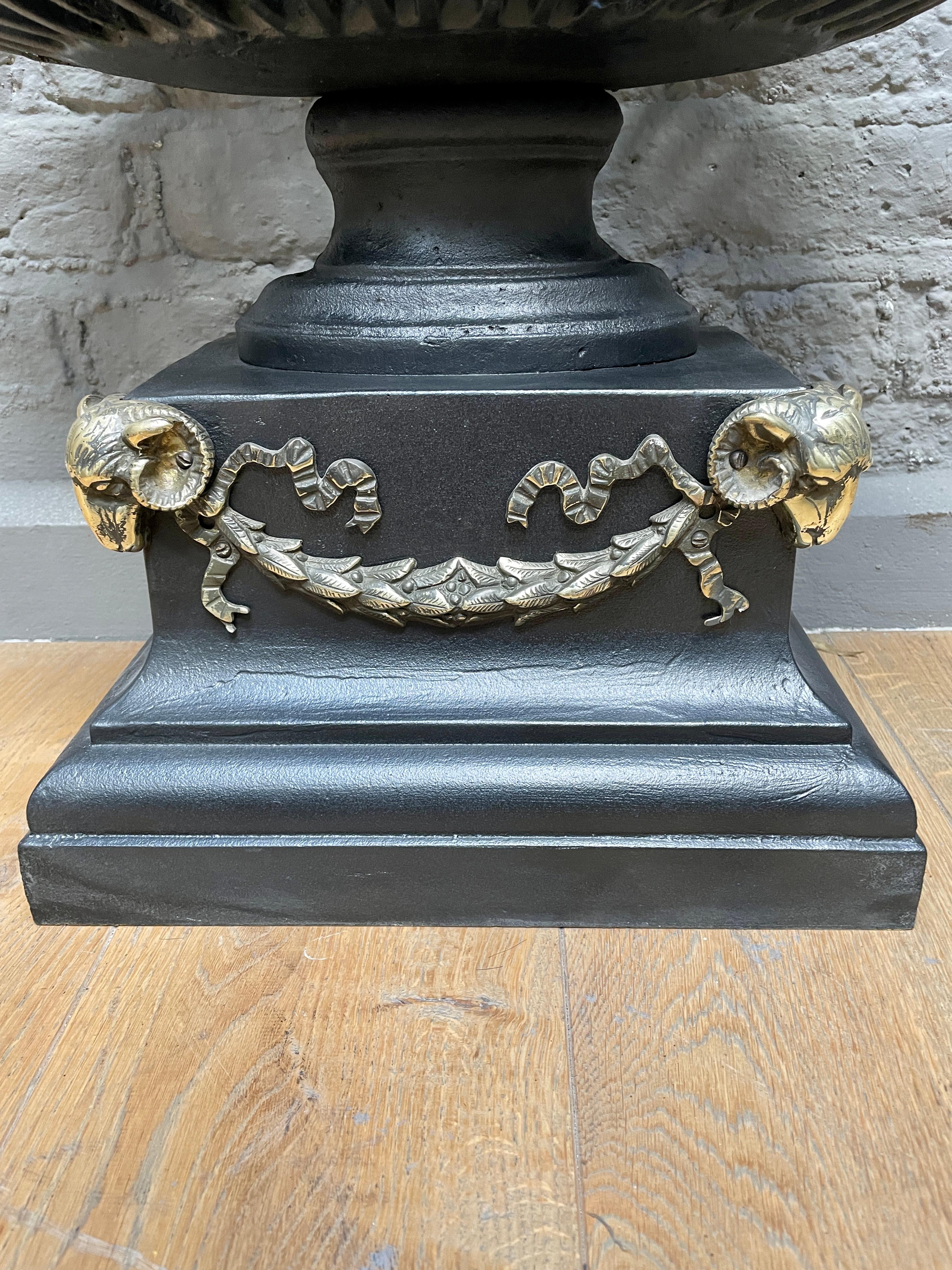 Pair of Cast Iron and Brass Regency Style Urn Fire Basket Grates For Sale 1