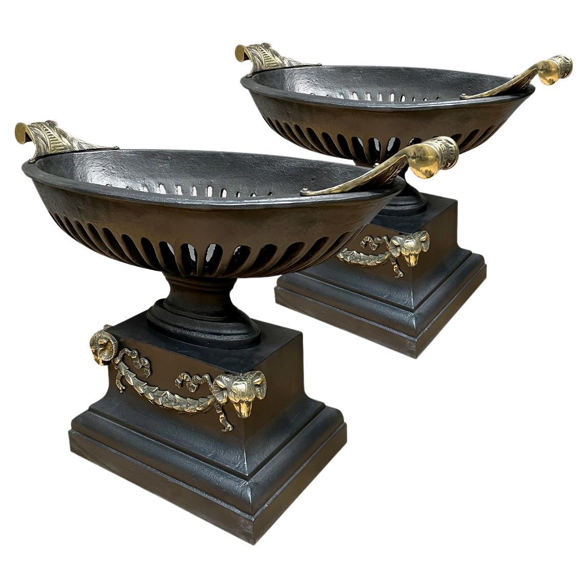 Pair of Cast Iron and Brass Regency Style Urn Fire Basket Grates For Sale
