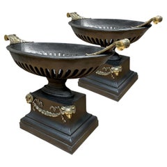 Pair of Cast Iron and Brass Regency Style Urn Fire Basket Grates