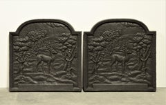 Pair of Cast Iron Firebacks Showing Deers in the Woods