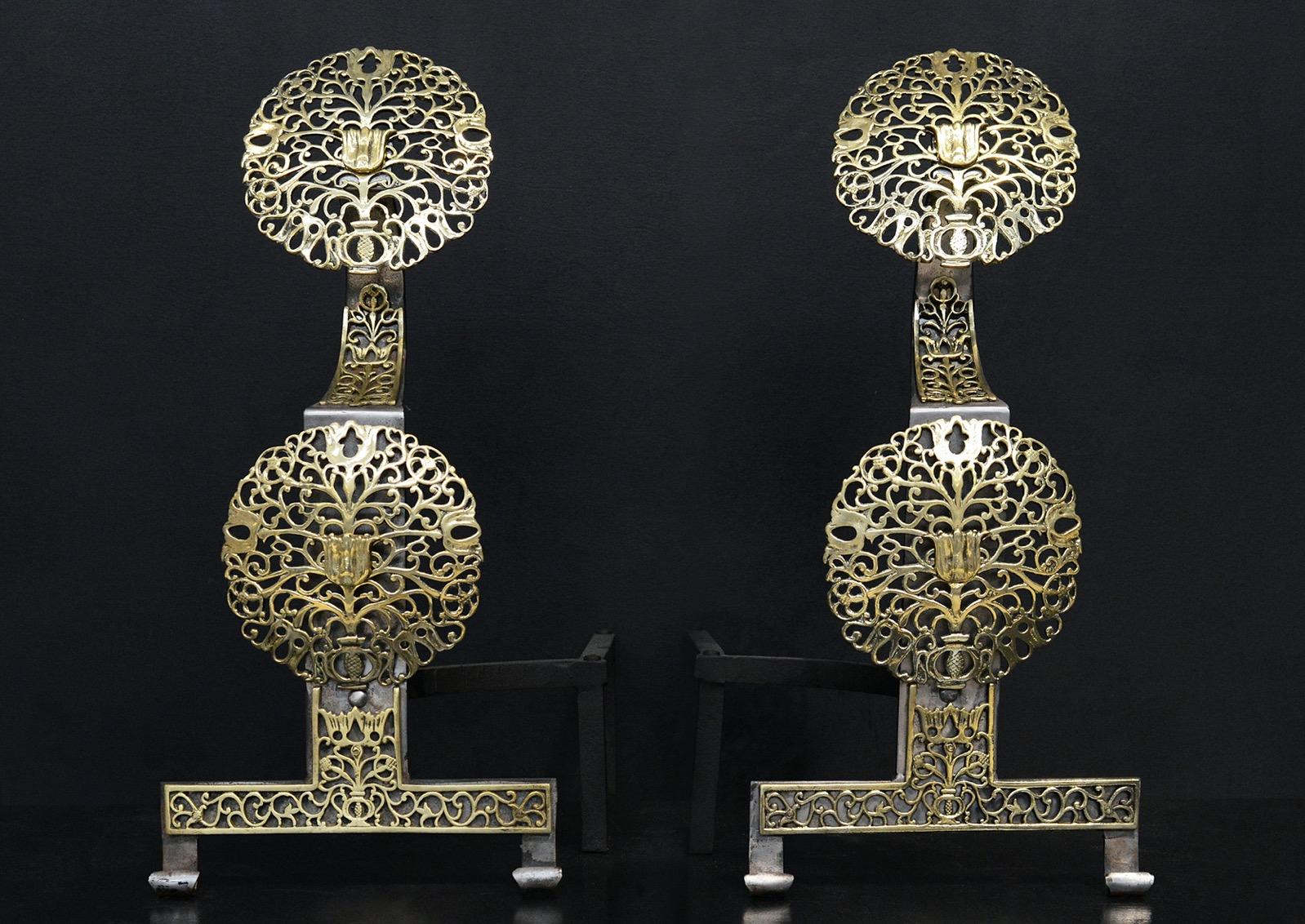 19th Century A Pair of Cast Iron firedogs with Brass Embellishments For Sale