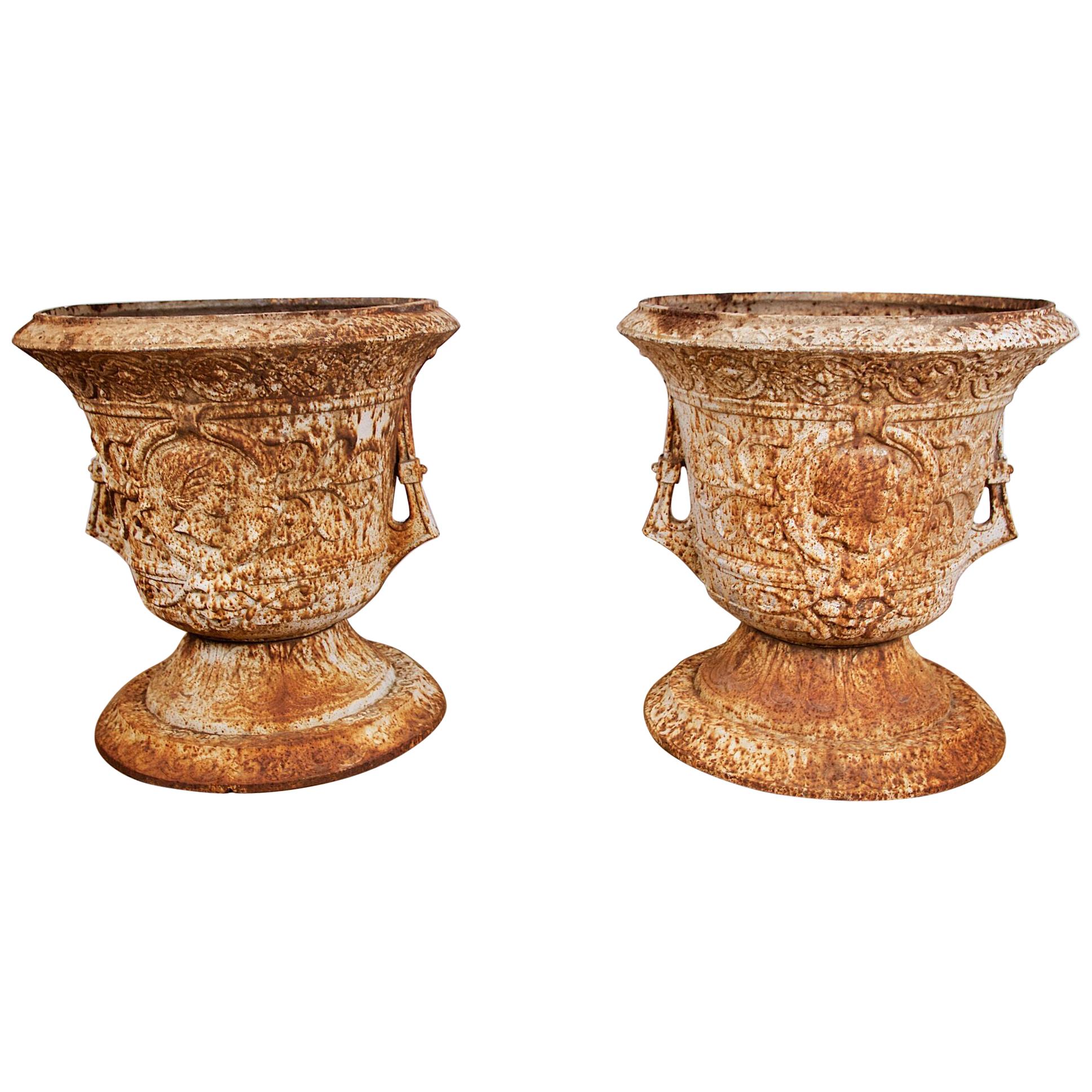 Pair of Cast Iron Garden Vases in the French Style, after the Antique For Sale