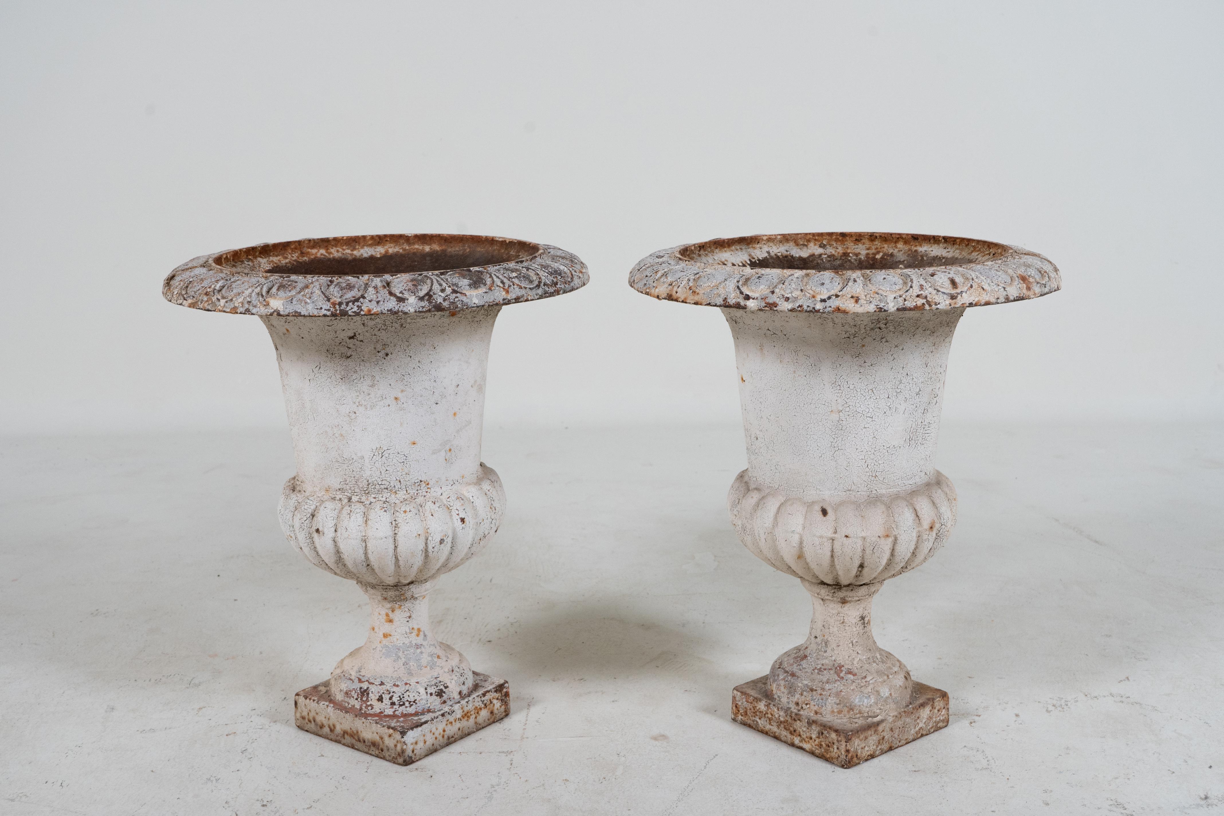 French A Pair of Cast Iron Urns with White Patina, France c.1900 For Sale