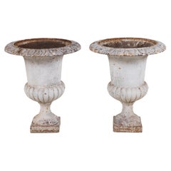 Antique A Pair of Cast Iron Urns with White Patina, France c.1900