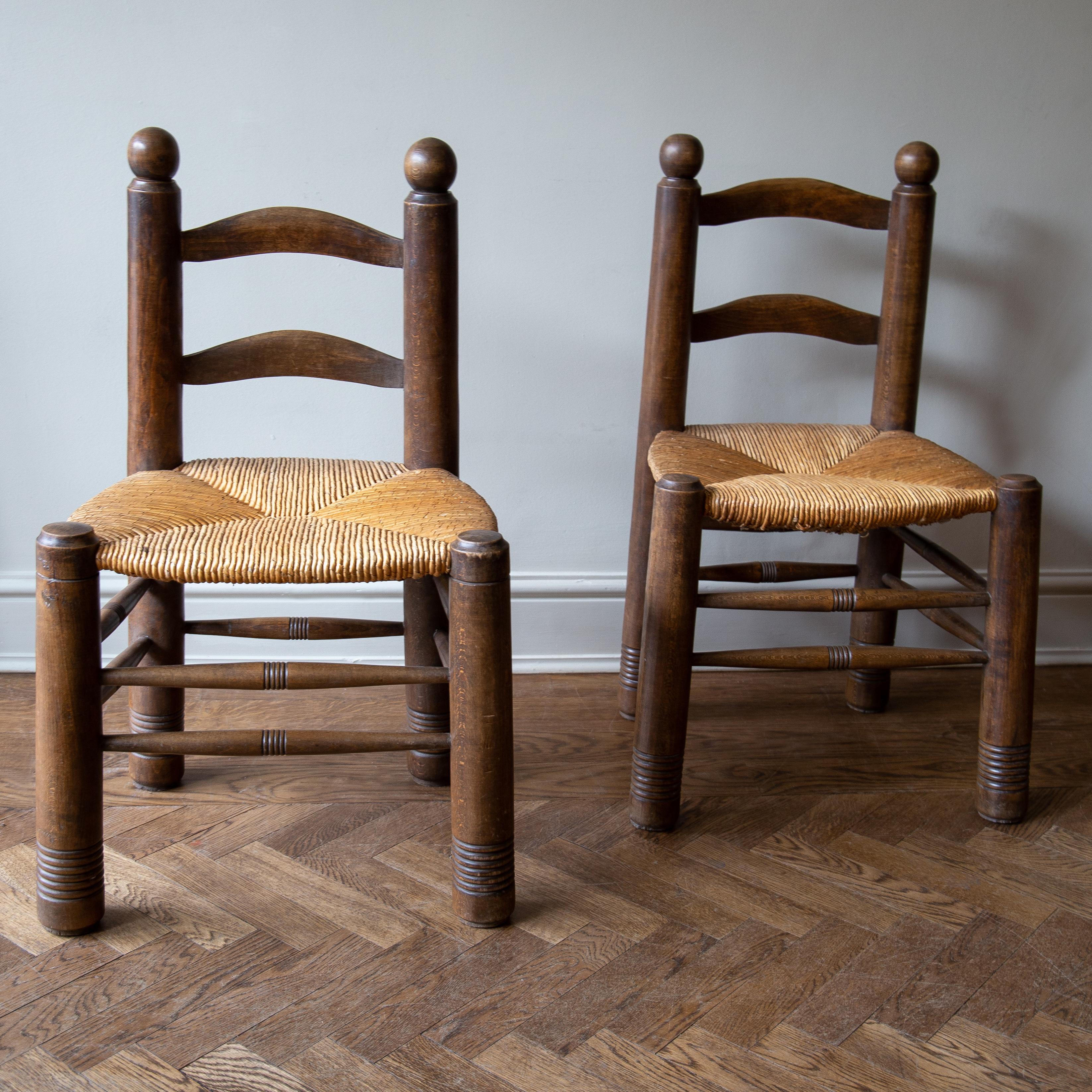 Spanish A pair of Catalan Racionalist Walnut and Rush Seated Finca Chairs, circa 1950