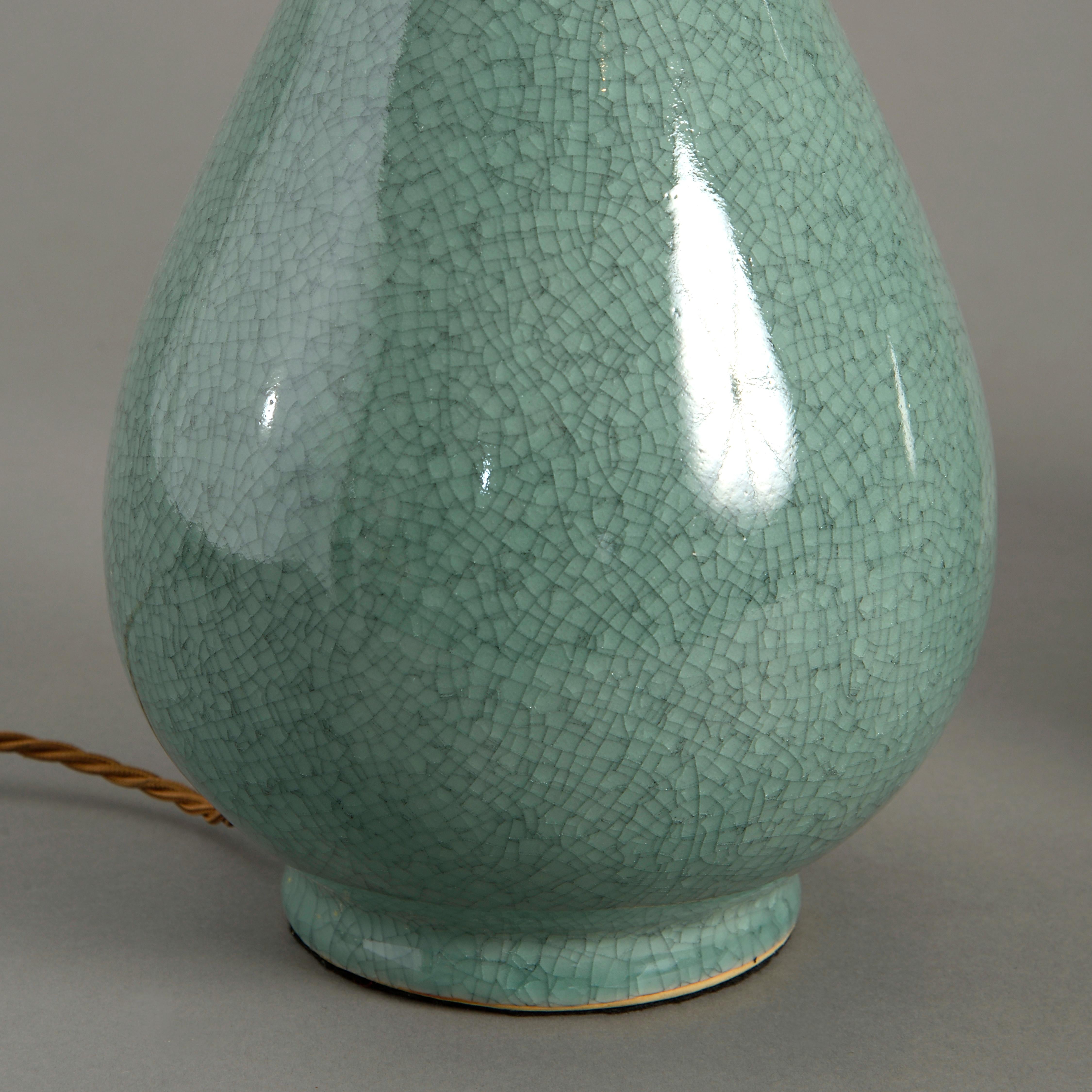 Chinese Pair of Celadon Crackle Glazed Porcelain Vase Lamps