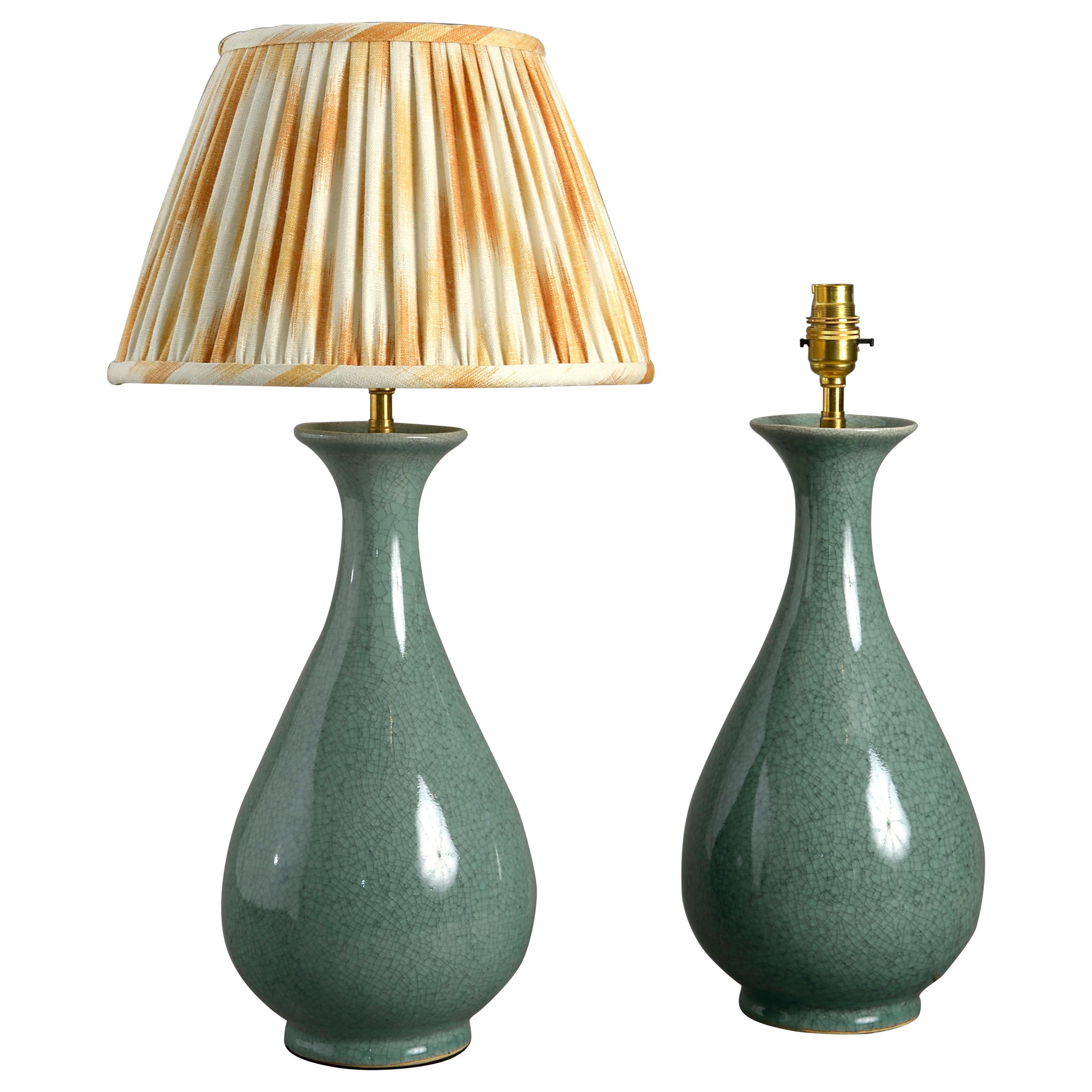 Pair of Celadon Crackle Glazed Porcelain Vase Lamps