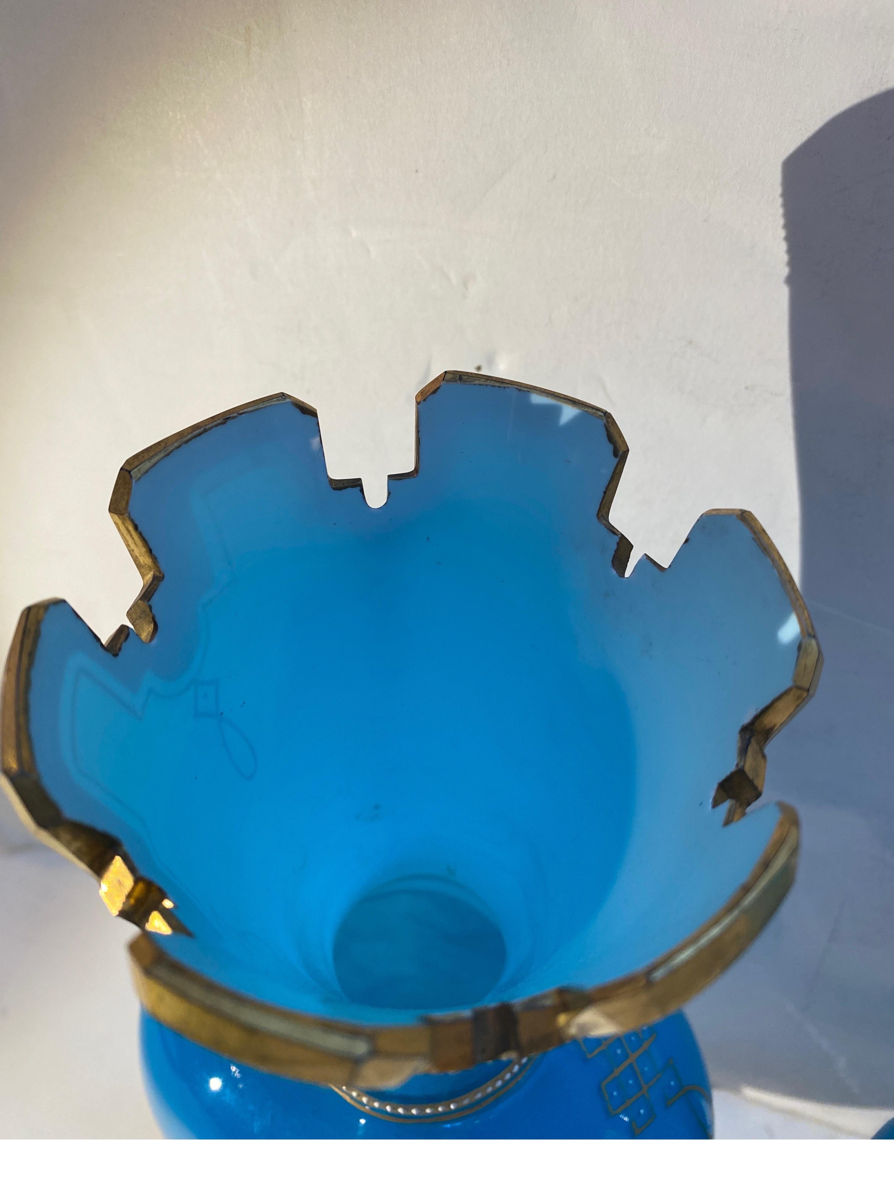 A Pair of French Opaline Blue Glass Mantle Vases Pate sur Pate Decoration 3