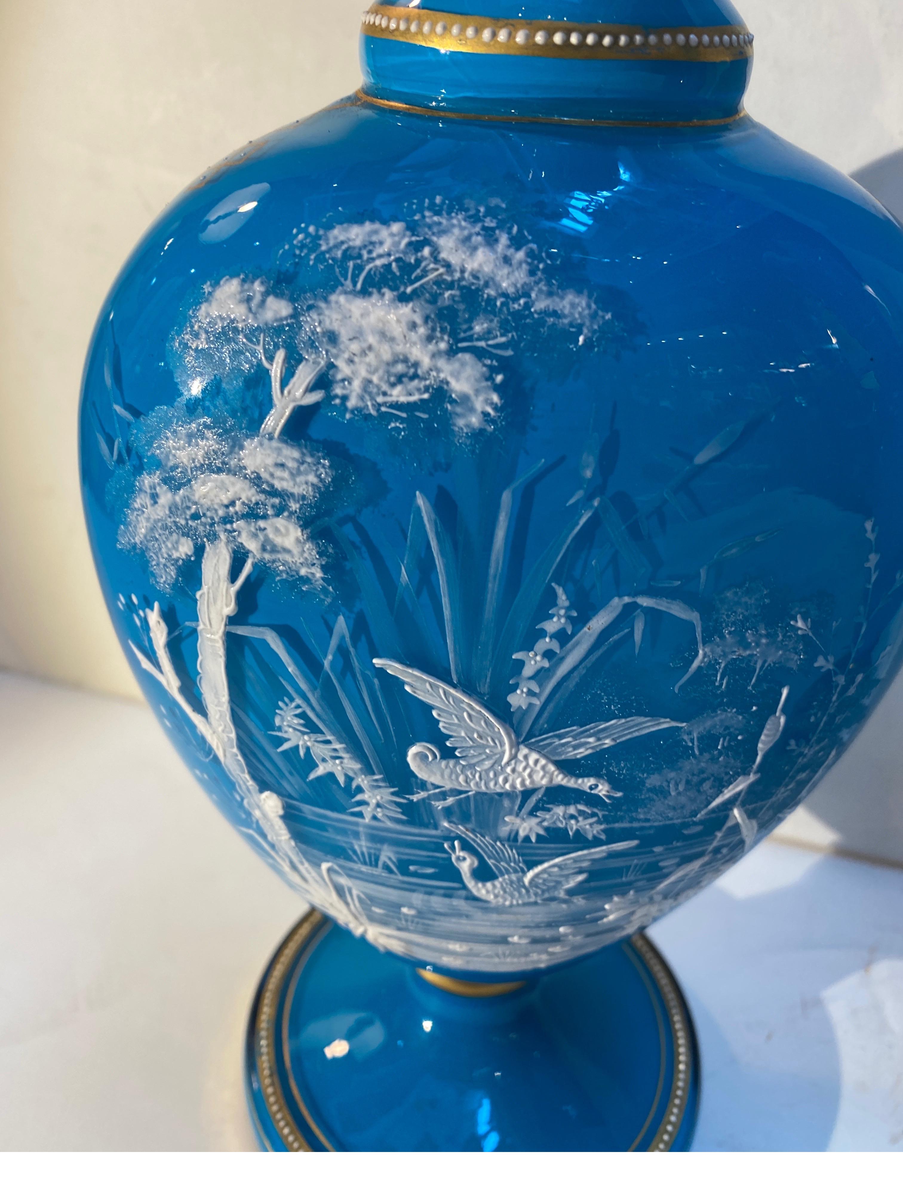 A Pair of French Opaline Blue Glass Mantle Vases Pate sur Pate Decoration 6