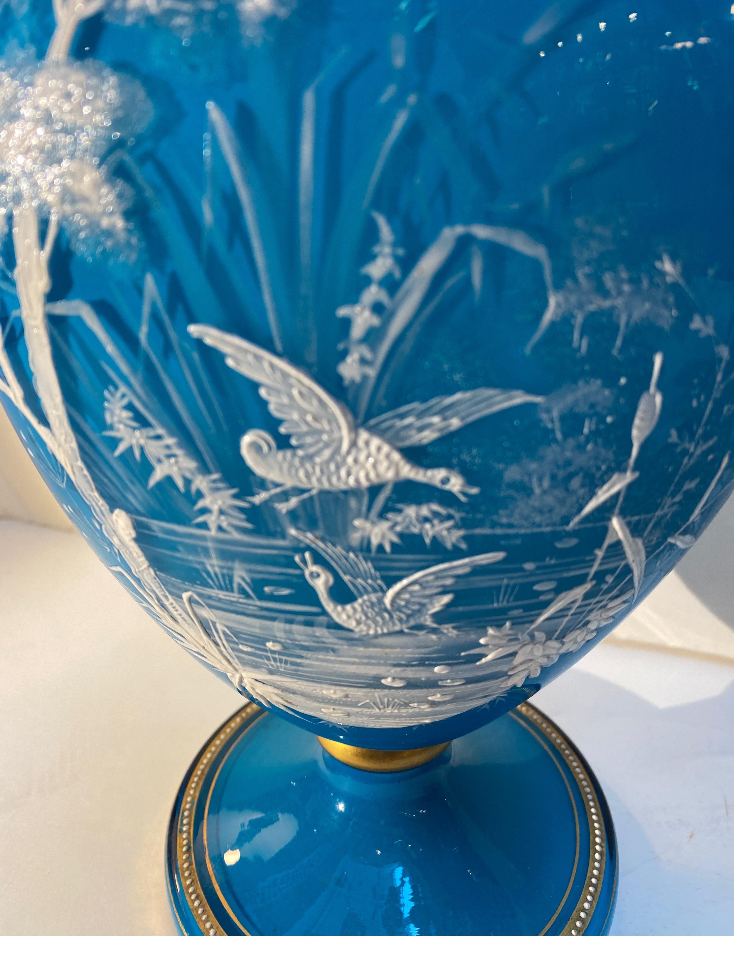 A Pair of French Opaline Blue Glass Mantle Vases Pate sur Pate Decoration 8